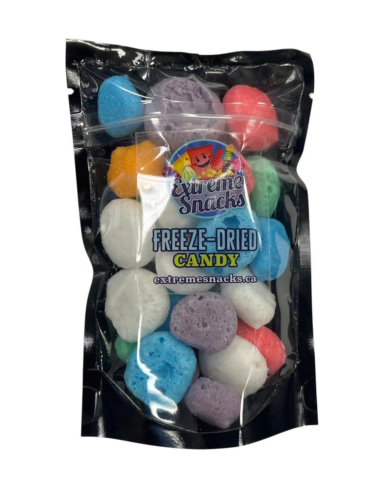 Bag of colorful freeze-dried candy, assorted flavors, in resealable packaging