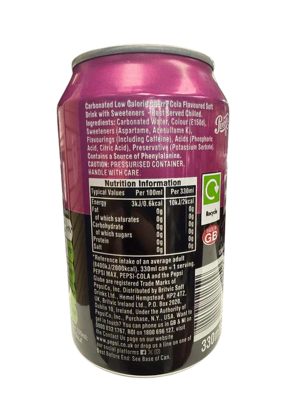 Pepsi Max Zero Sugar Cherry Flavour 330ML - U.K Edition