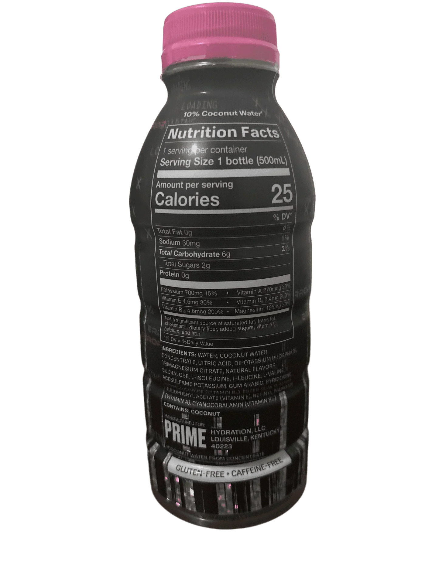Back view of Prime Hydration coconut water drink bottle with nutrition facts label