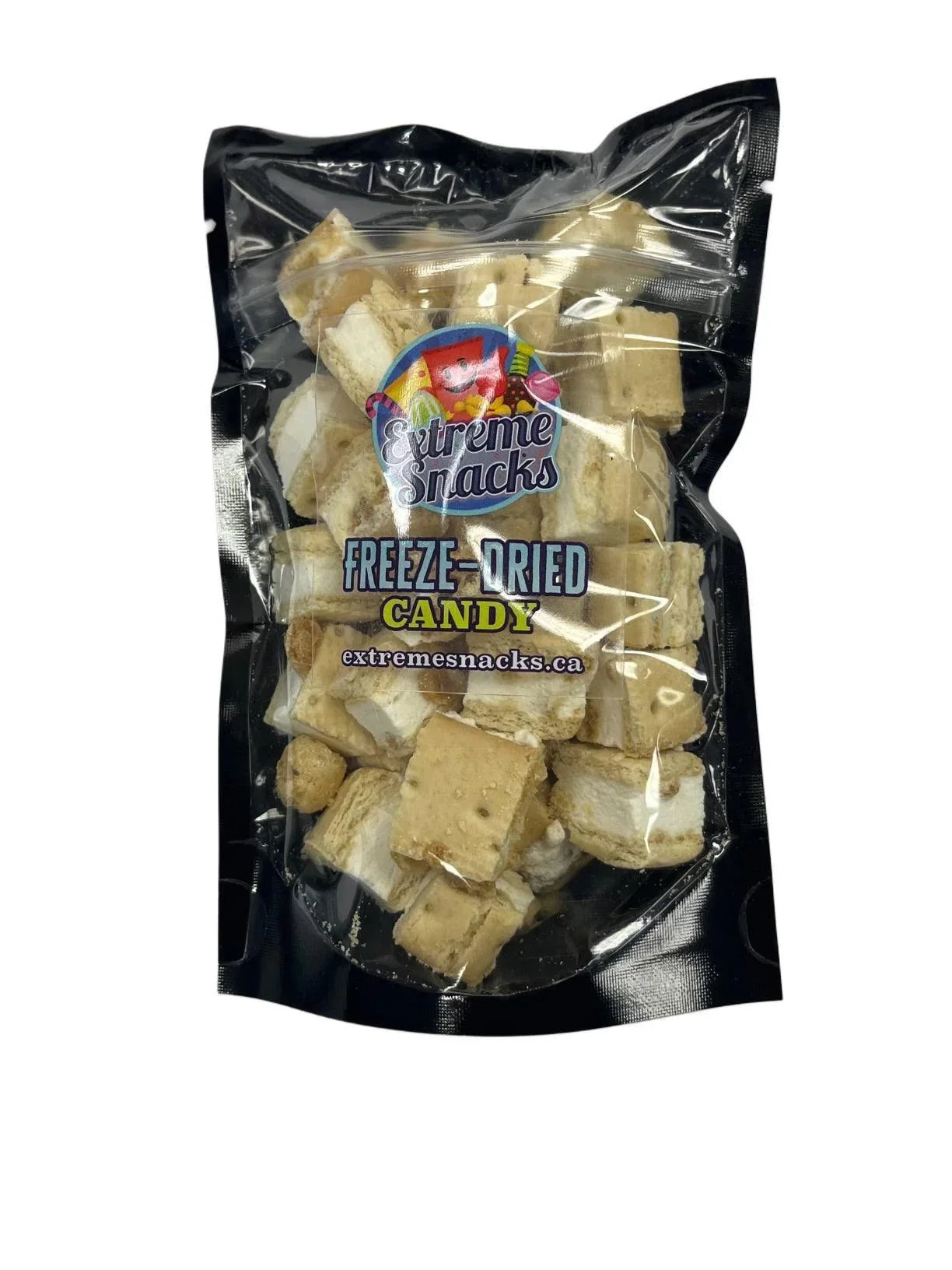 Bag of freeze-dried candy pieces in clear packaging with Extreme Snacks label, isolated on white