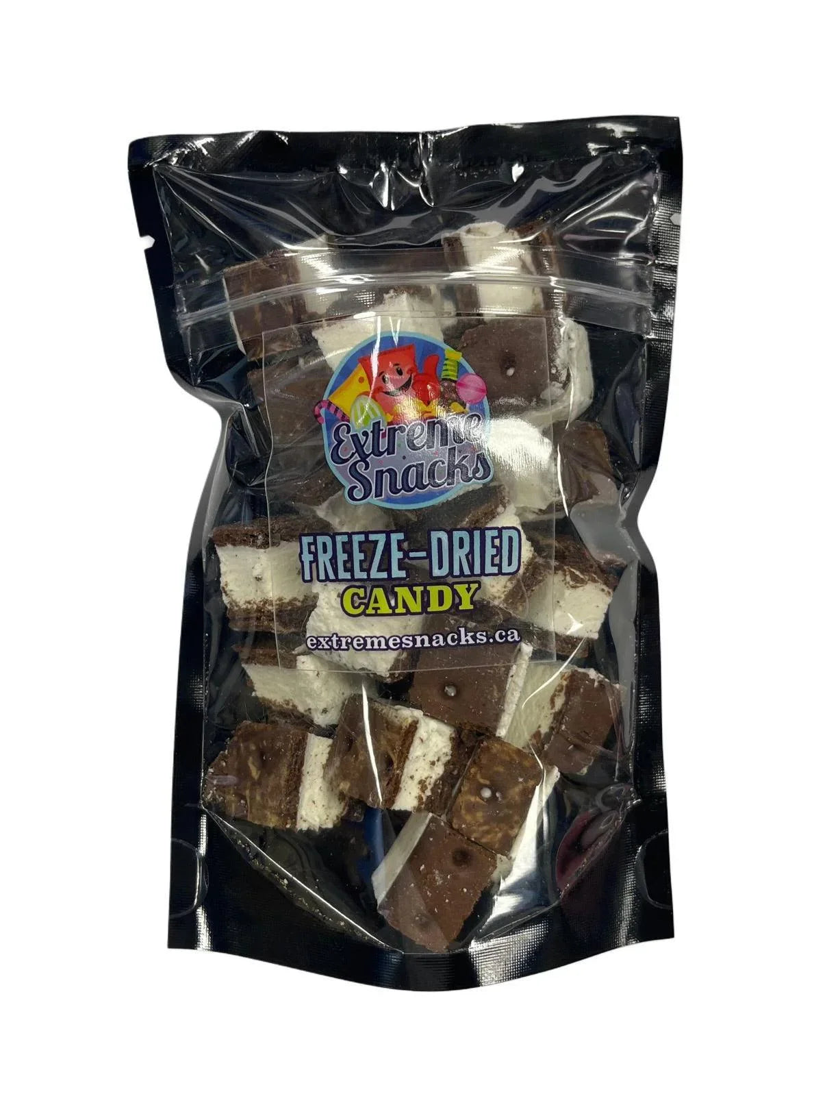 Bag of freeze-dried candy snacks in clear packaging with chocolate and marshmallow pieces visible