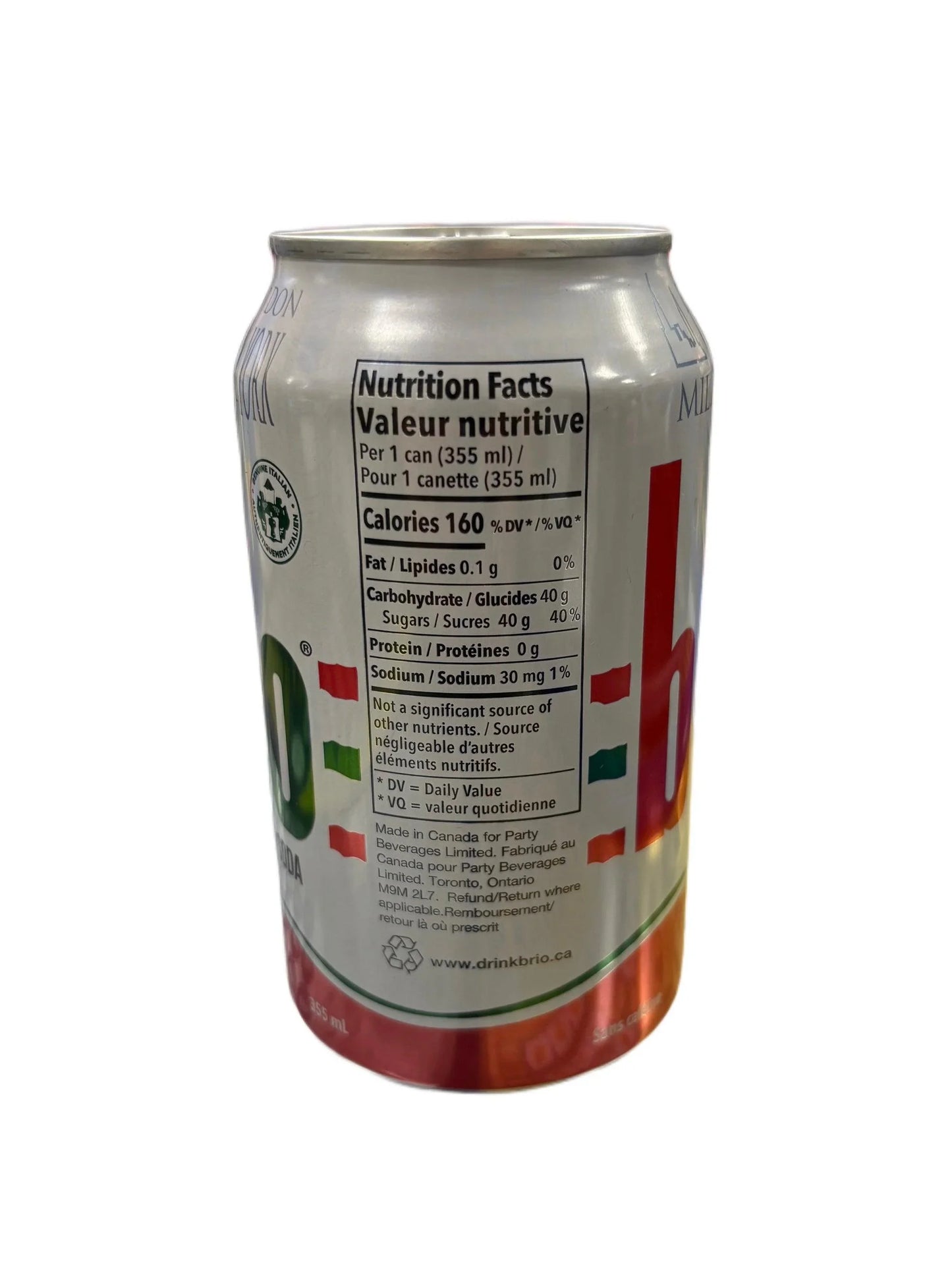 Imported soda can with nutrition facts label, silver background, unique exotic drink.