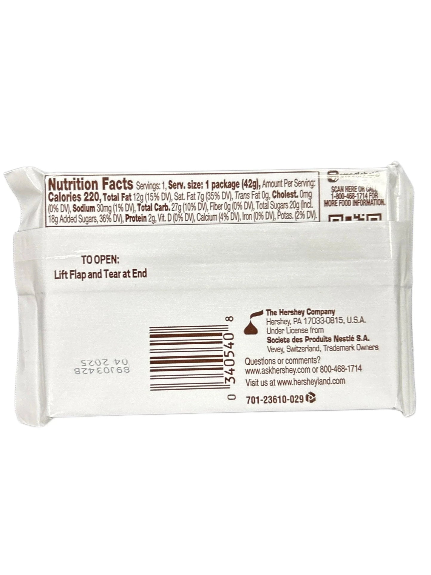 Back of imported chocolate snack bar showing nutrition facts, barcode, and packaging details