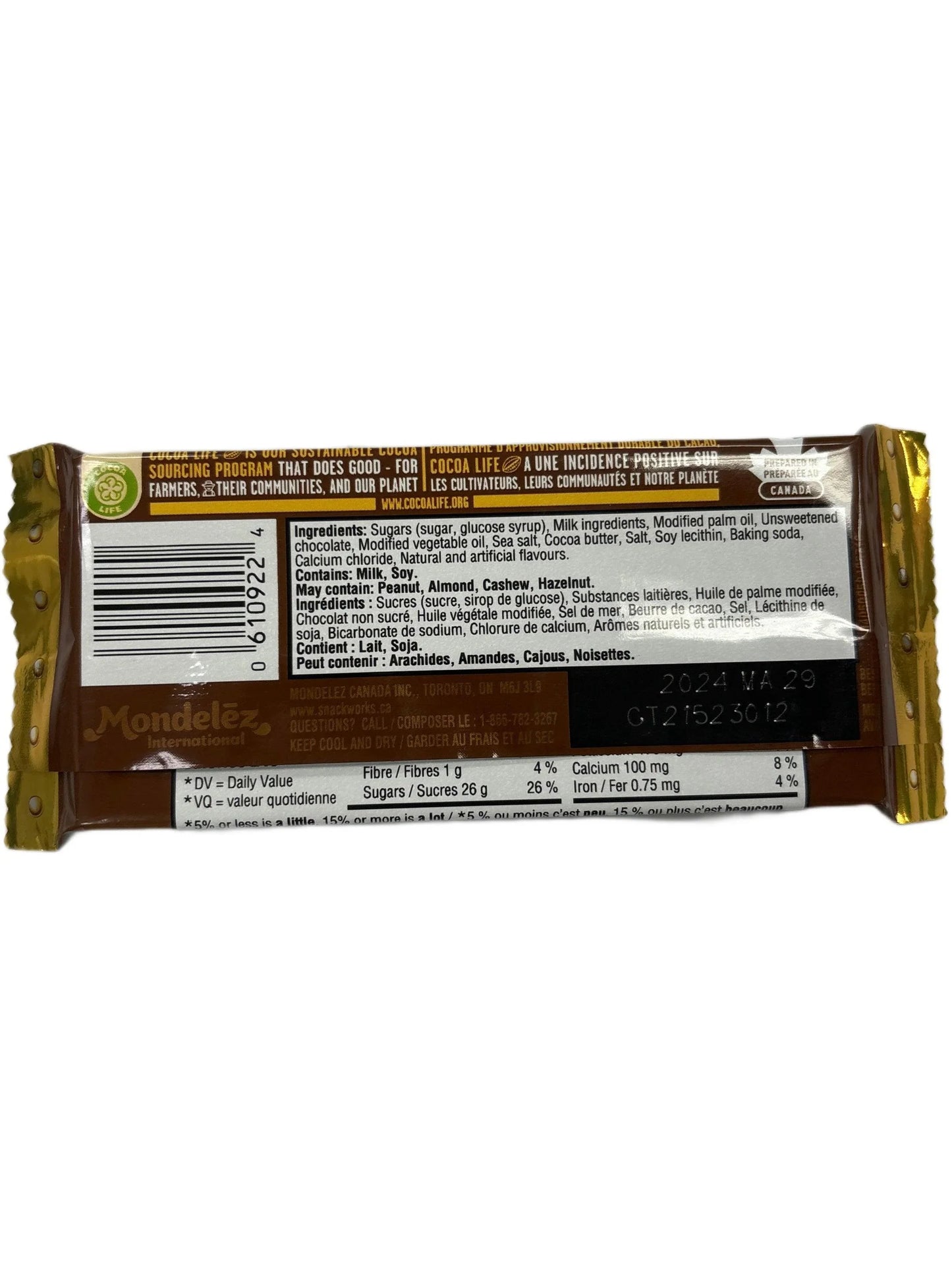 Back of imported chocolate bar package showing nutrition facts and ingredients.