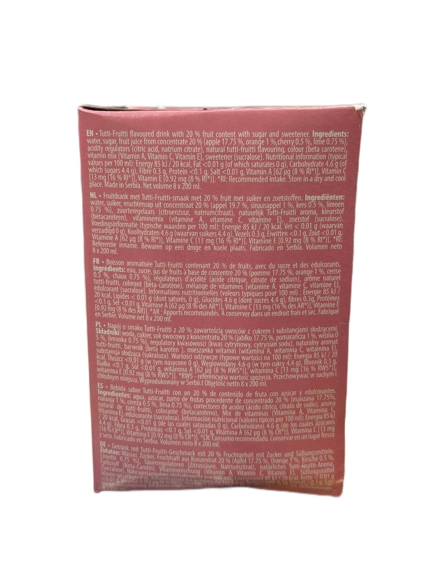 Back of Tutti-Frutti flavored drink box with ingredient and nutrition details in multiple languages