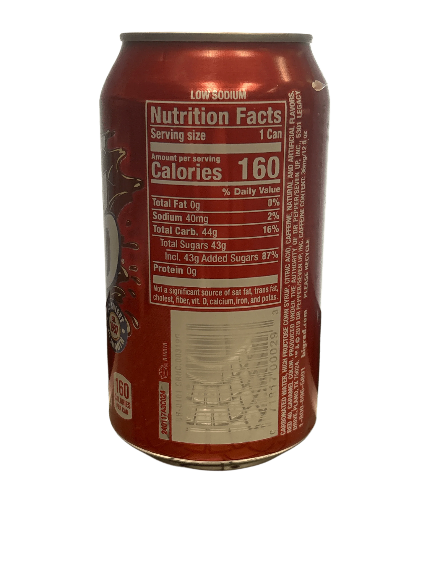 Red soda can with visible nutrition facts label and calorie content