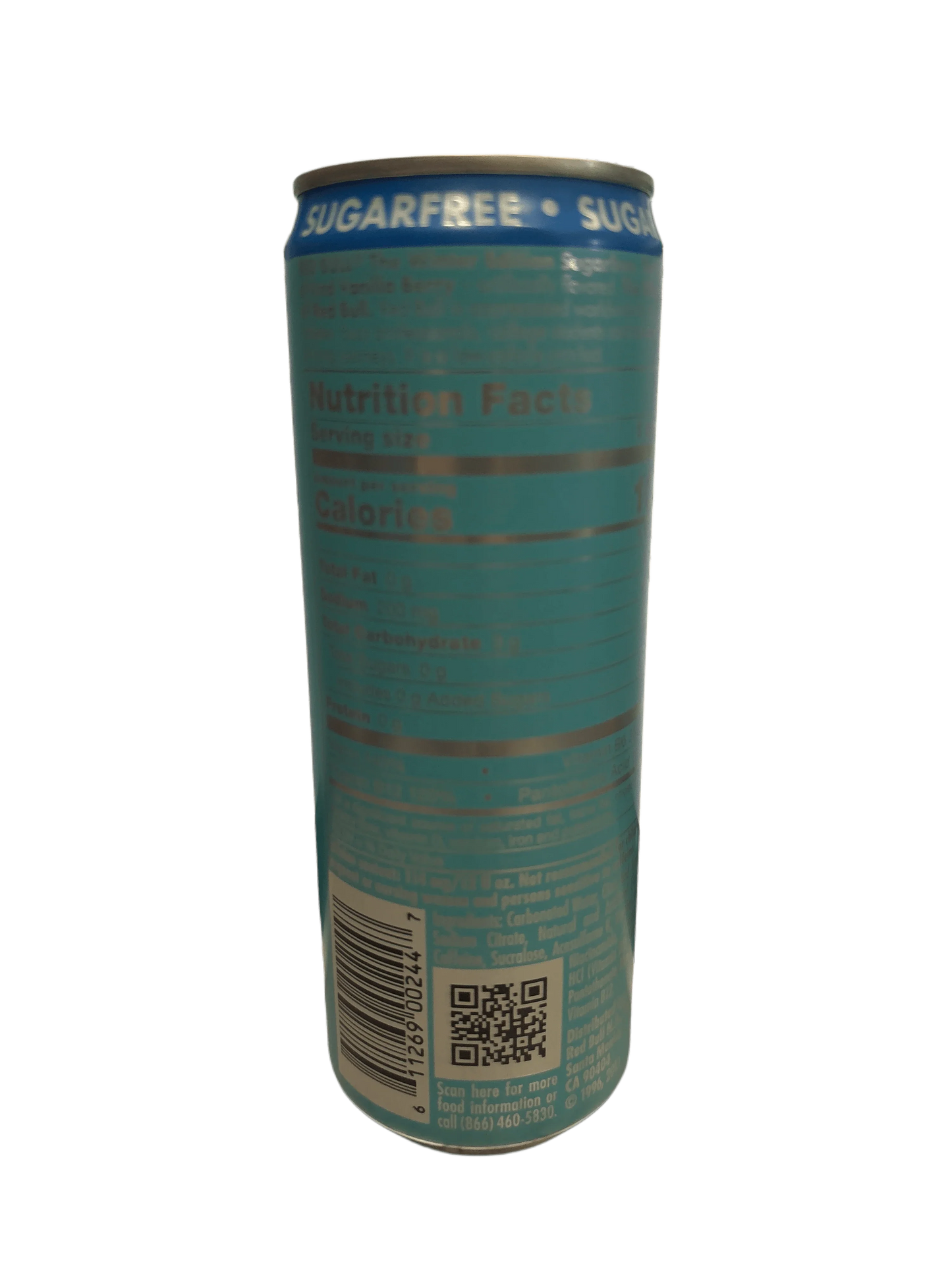 Tall blue sugar free drink can with nutrition facts and barcode, imported exotic beverage