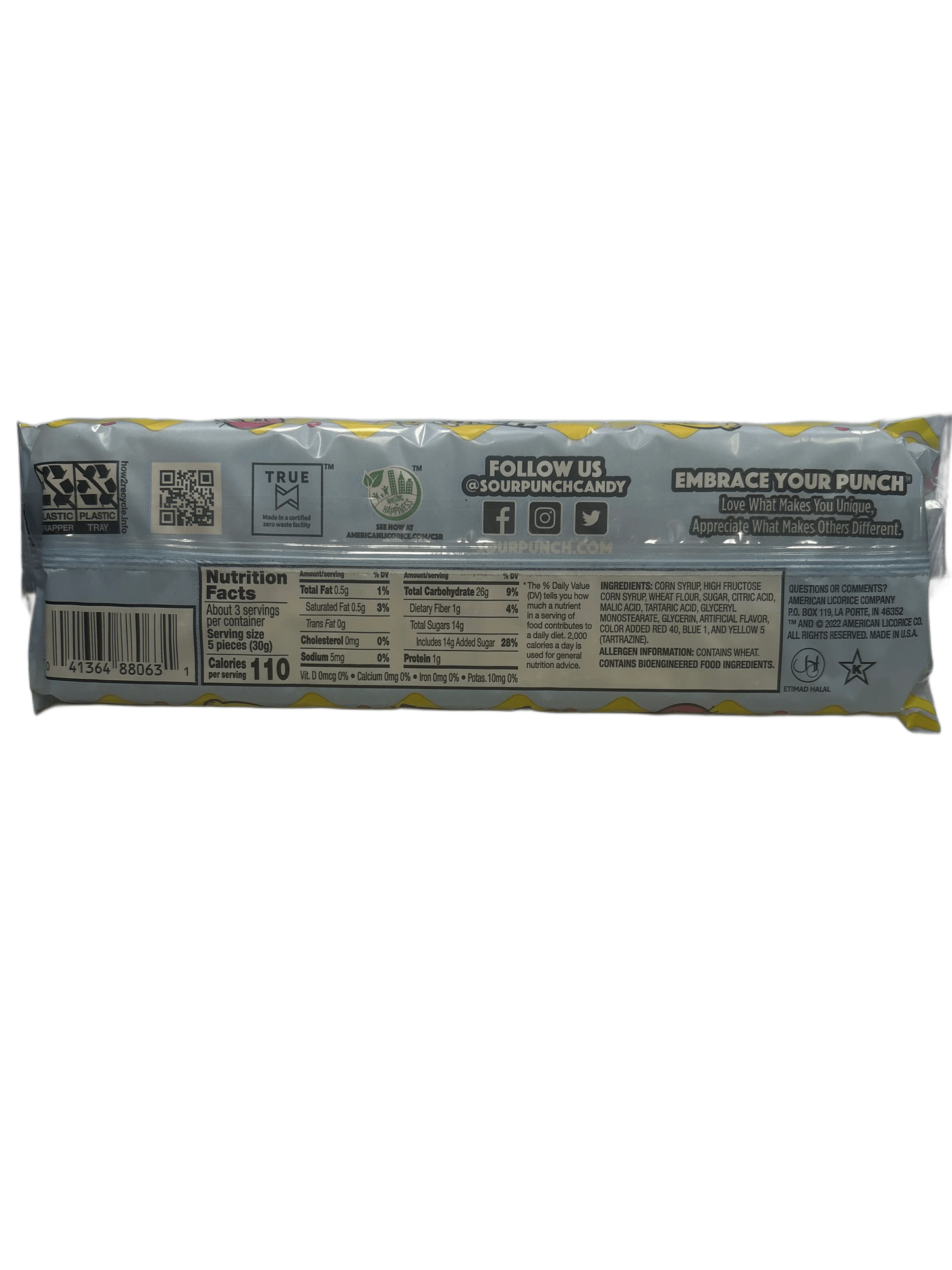 Back of Sour Punch candy package showing nutrition facts, ingredients, and social media links