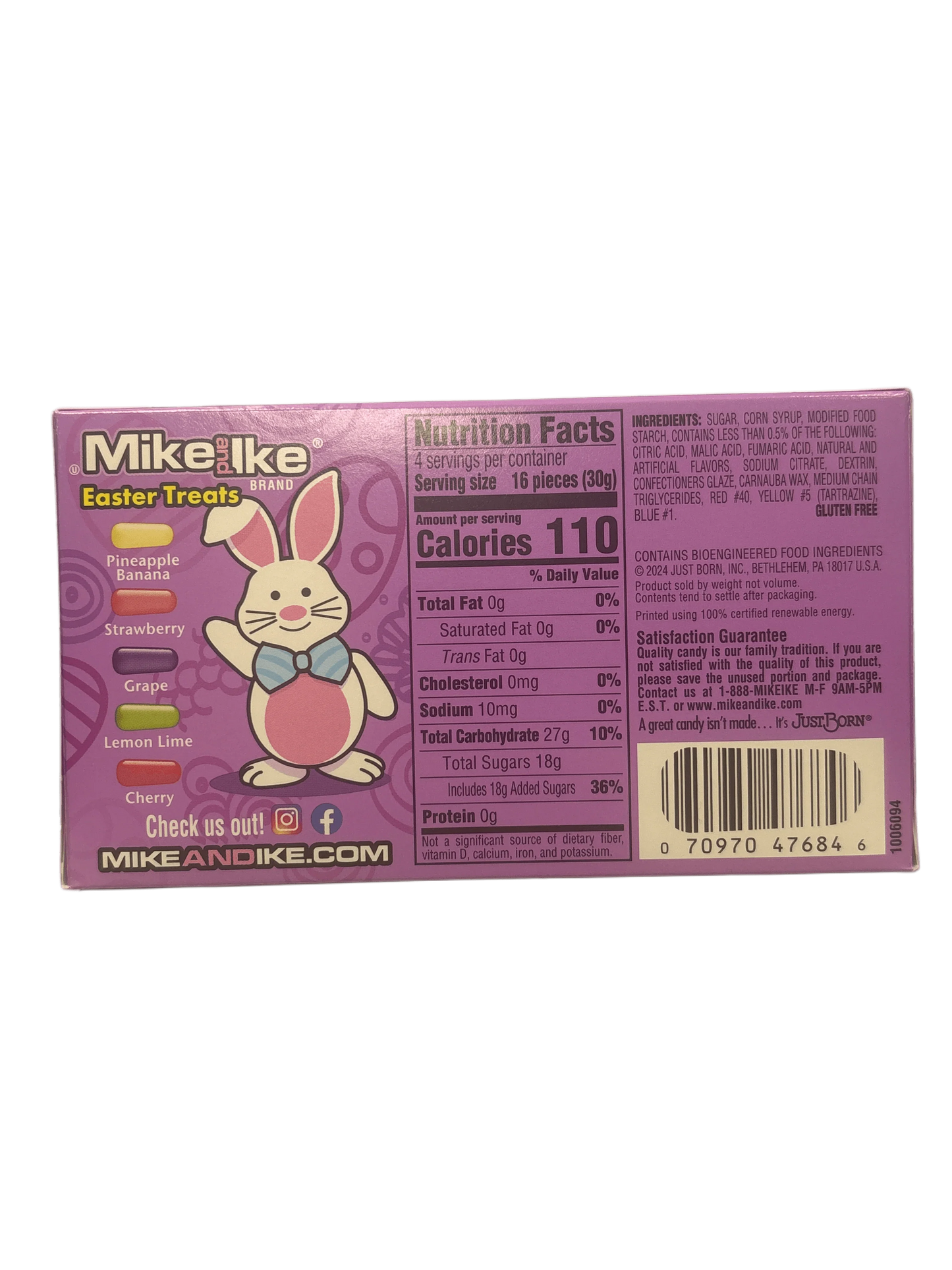 Back of Mike and Ike Easter Treats candy box with nutrition facts and bunny graphic