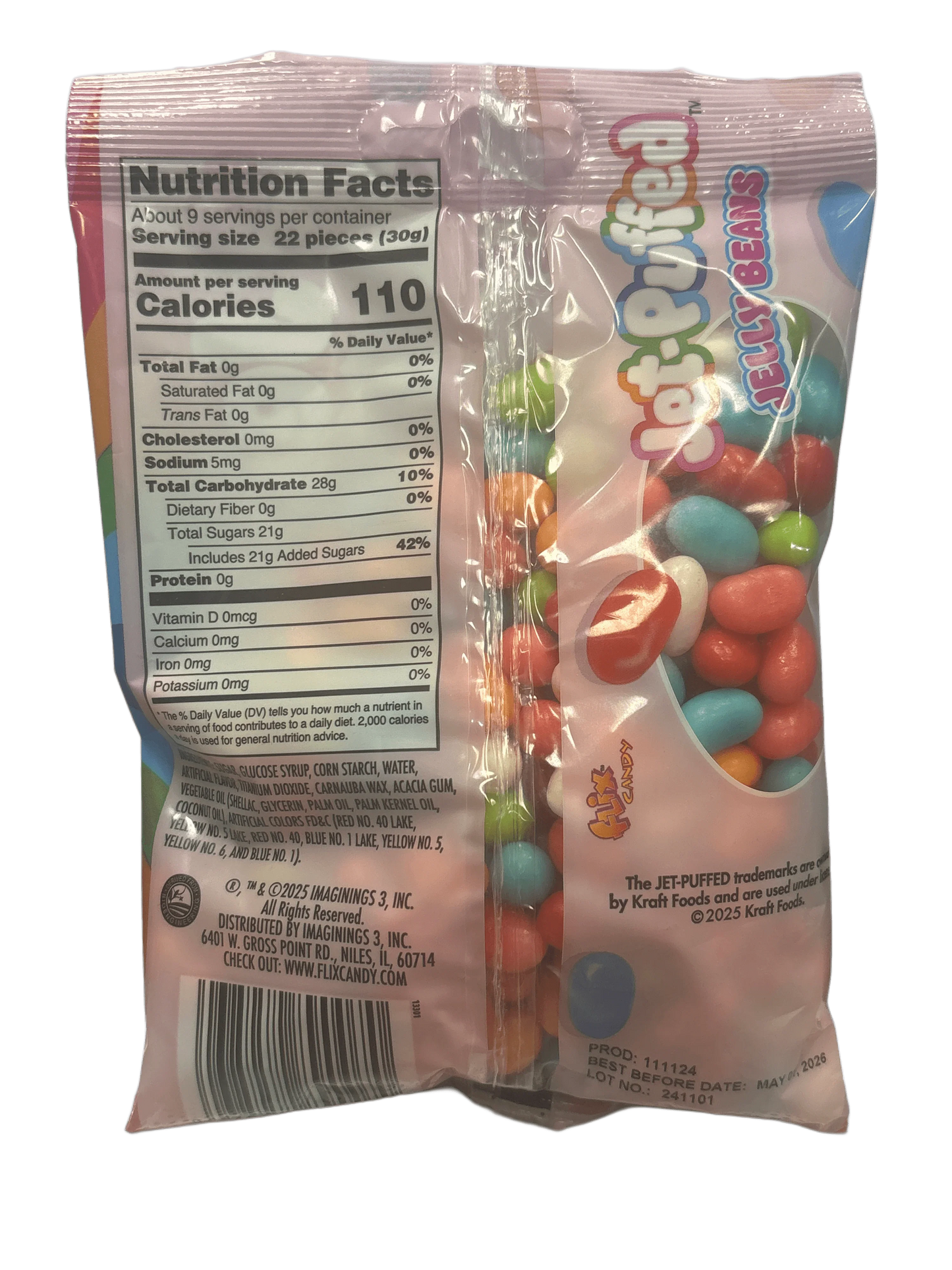 Jet-Puffed jelly beans bag with colorful candy and nutrition facts visible
