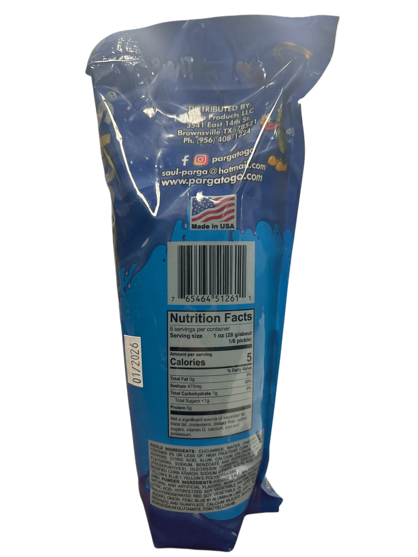 Back of blue snack packaging with nutrition facts, barcode, and pickle ingredients visible