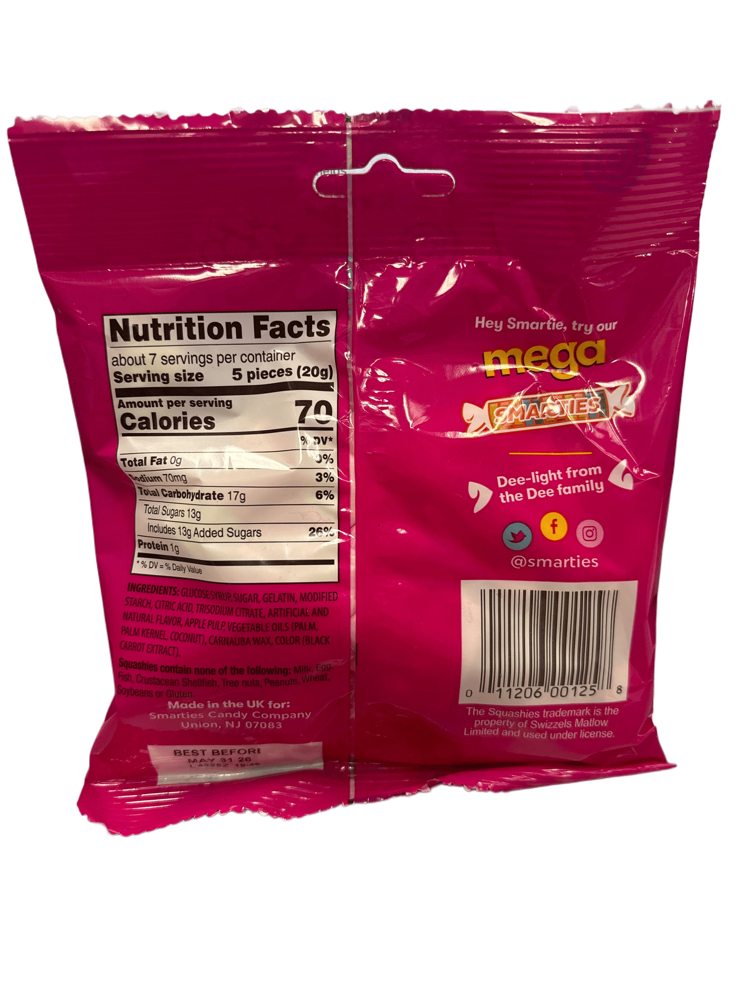 Squashies Smarties Raspberry And Cream Candy Bag 141G - U.S Edition