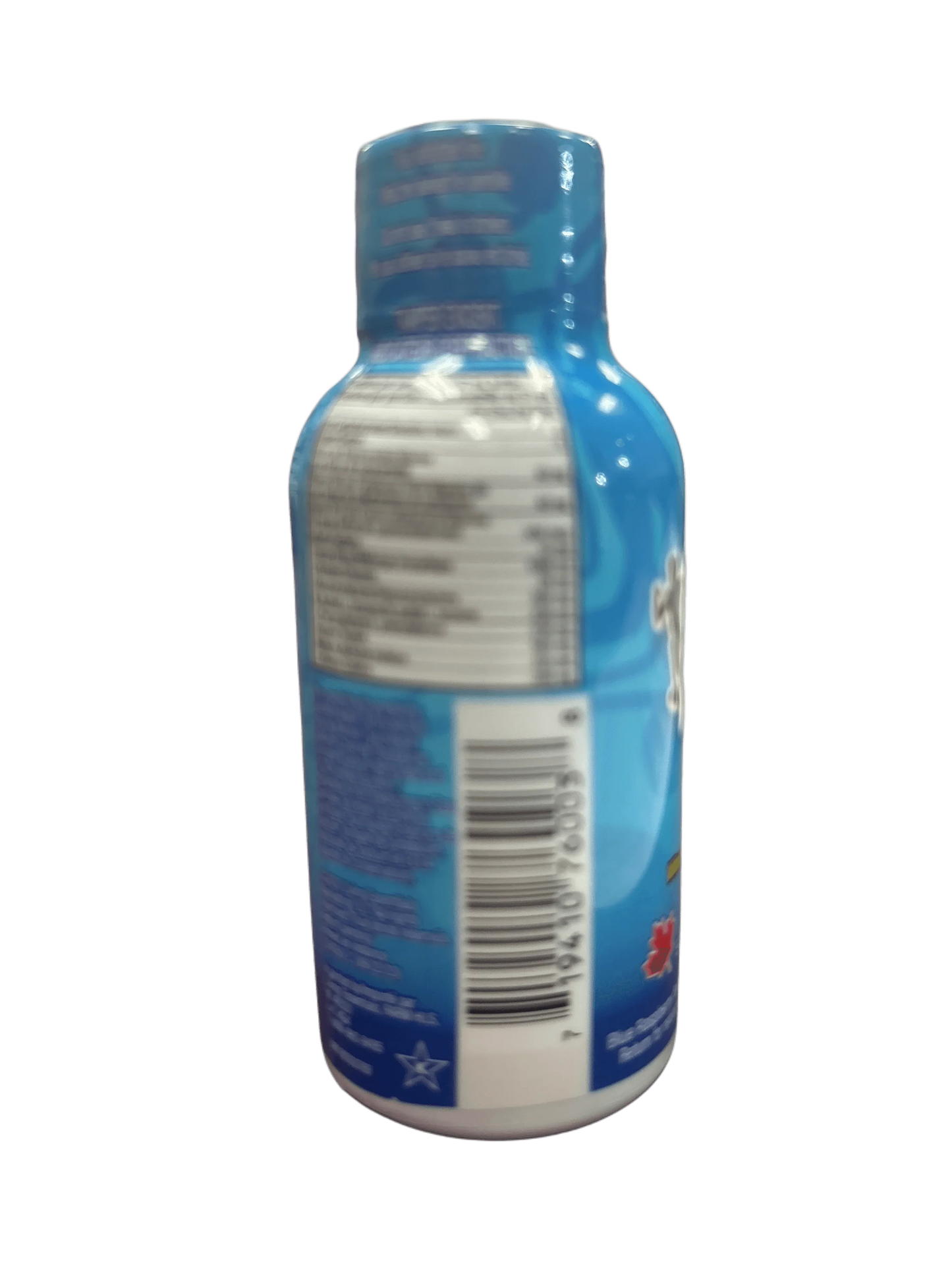 Blue exotic snack drink bottle with barcode and nutrition label on a black background