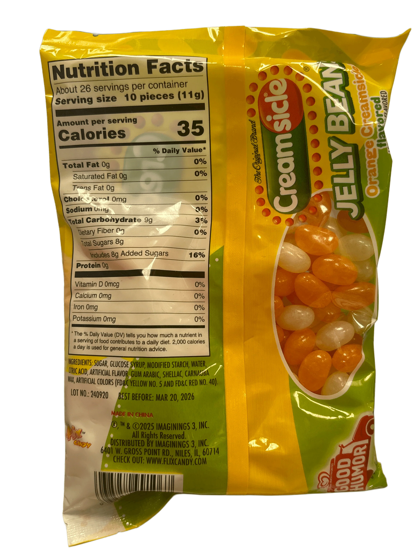 Back of Creamsicle jelly bean bag with nutrition facts and visible orange, white jelly beans
