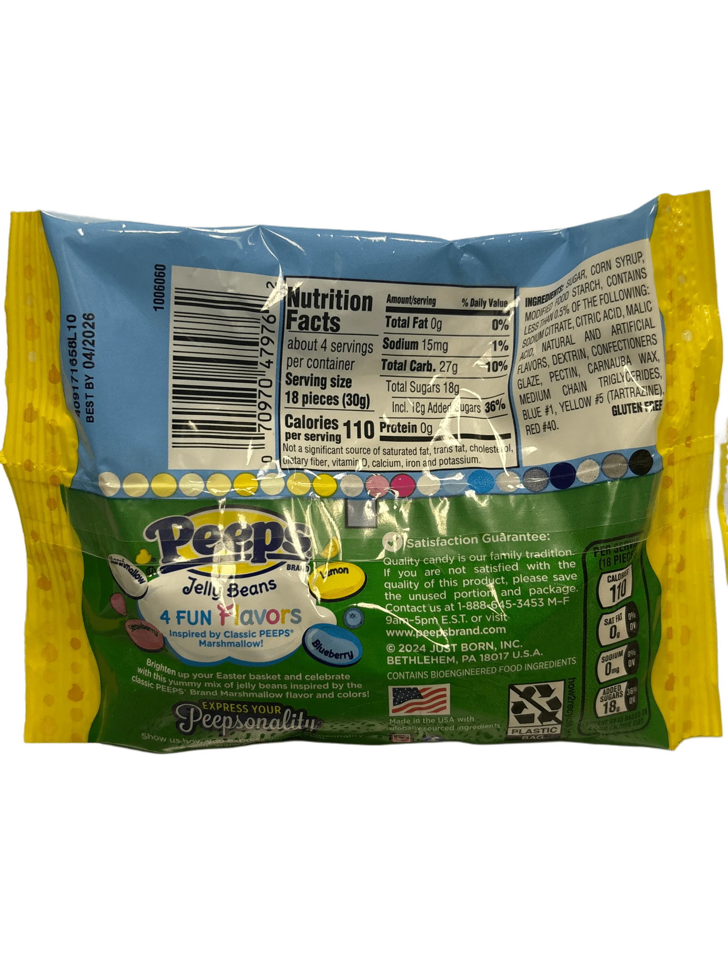Back of Peeps jelly beans candy bag showing nutrition facts, four fun flavors, and ingredients.