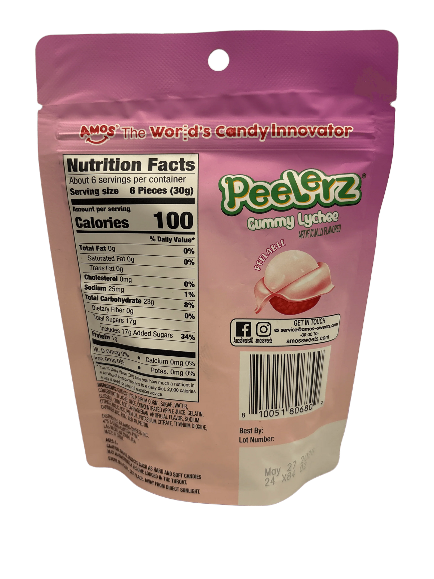 Back of Peelerz Gummy Lychee candy bag with nutrition facts and barcode on pink packaging