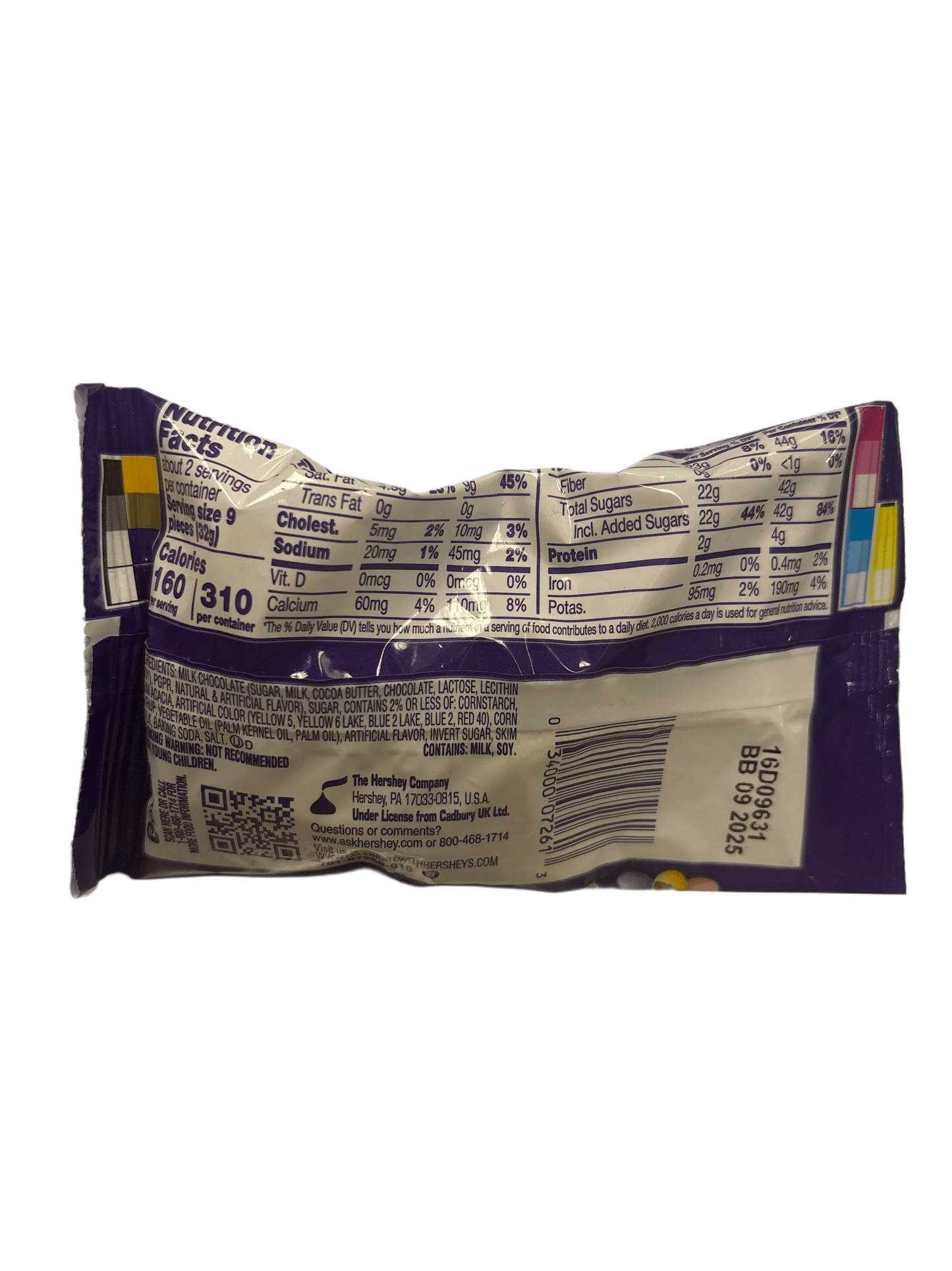 Back of imported chocolate candy snack pouch showing nutrition facts and ingredients
