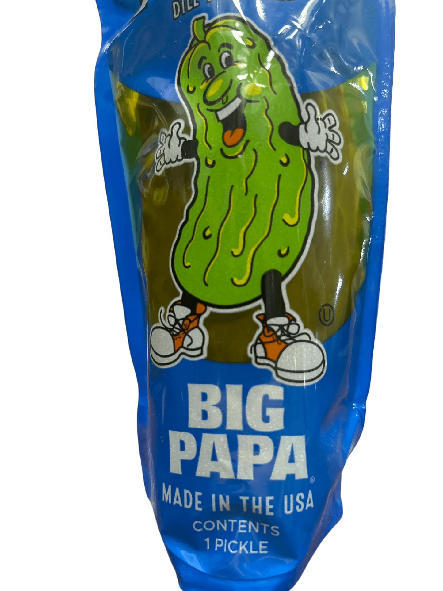 Big Papa pickle in blue packaging, cartoon pickle illustration, exotic snack product