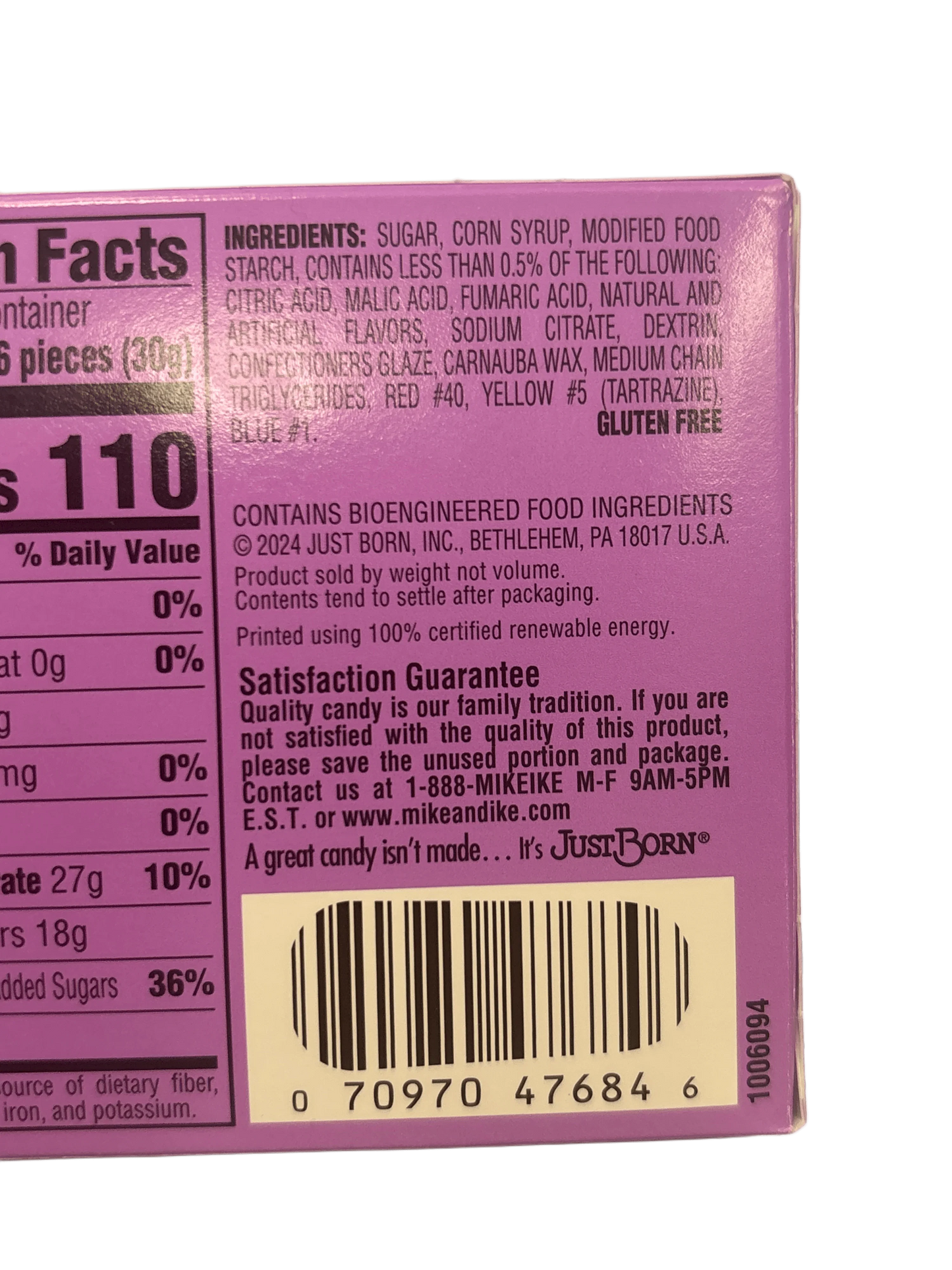 Purple candy box back with ingredients, nutrition facts, barcode, and gluten free label
