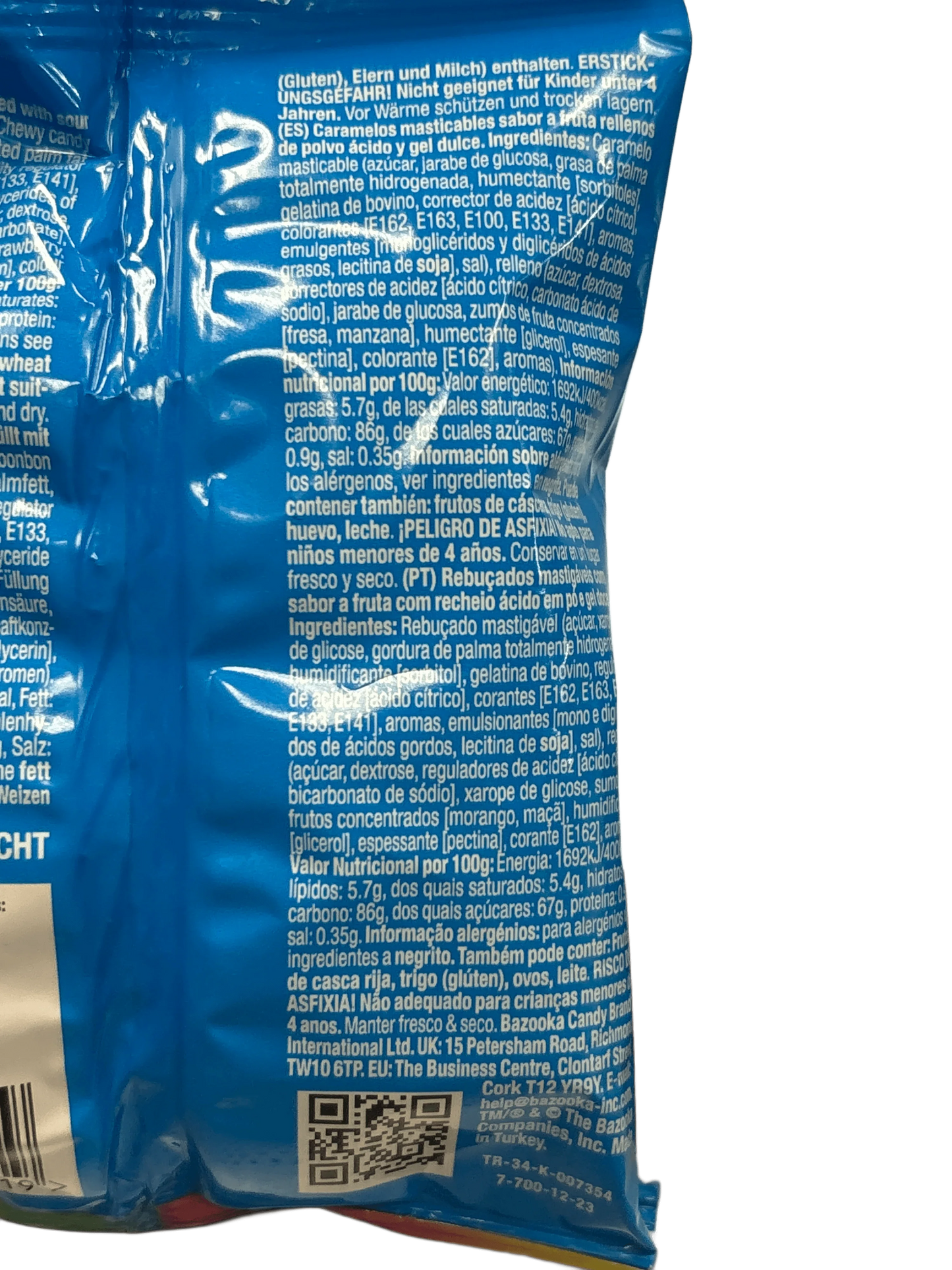 Back of exotic candy bag showing ingredients and nutritional information in multiple languages