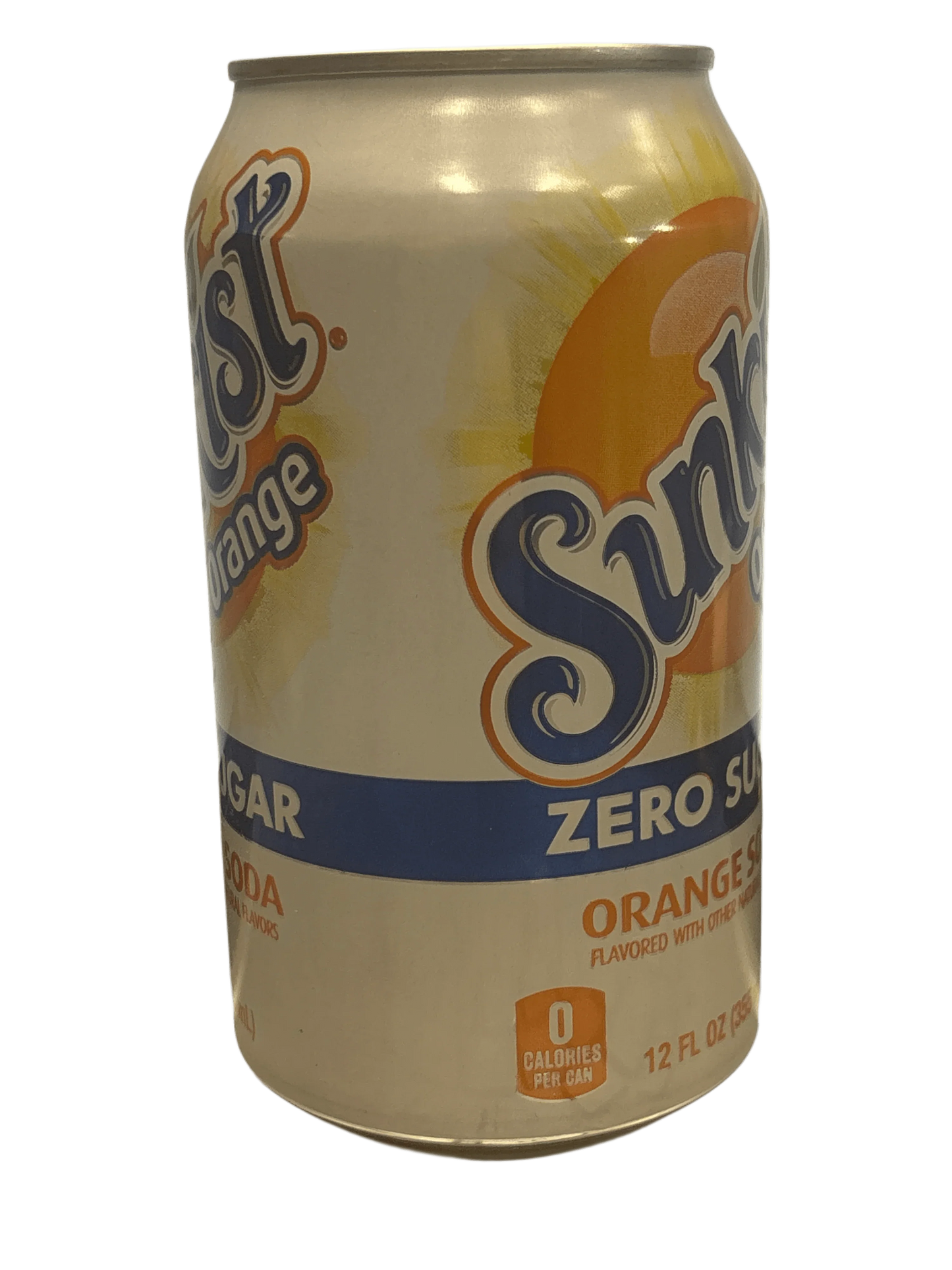 Sunkist Zero Sugar orange soda can, 12 fl oz, zero calories, exotic soft drink