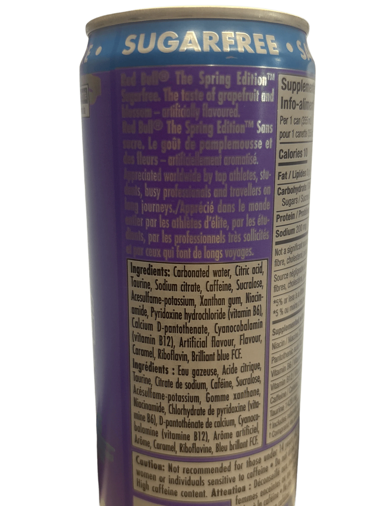 Sugarfree energy drink can close-up showing ingredients and nutrition facts