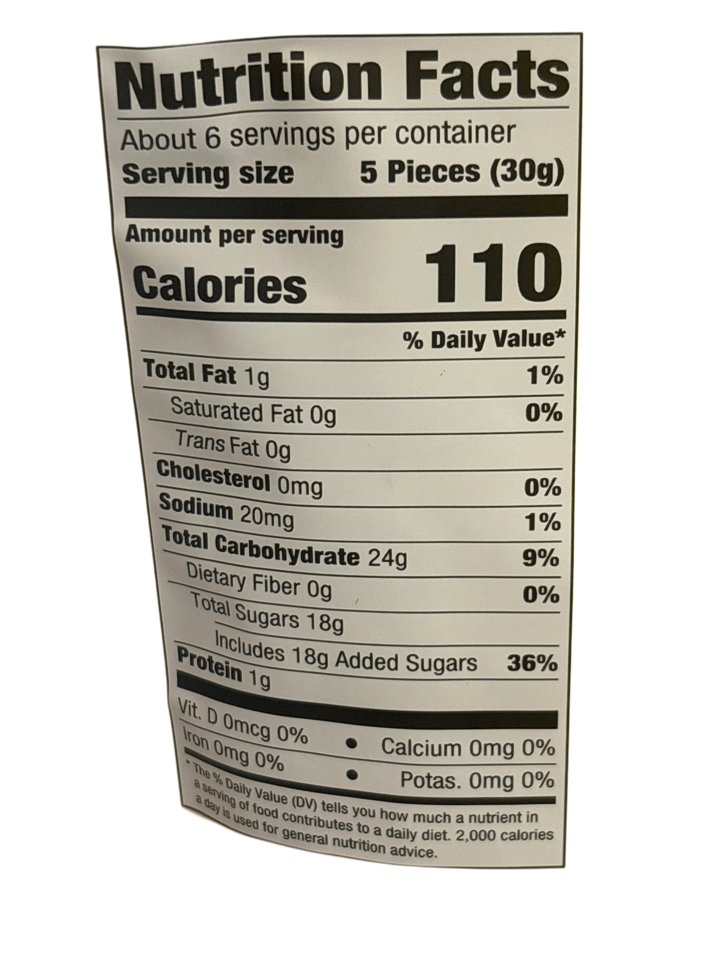 Nutrition facts label for candy snack, showing calories, carbs, sugar, and serving size.