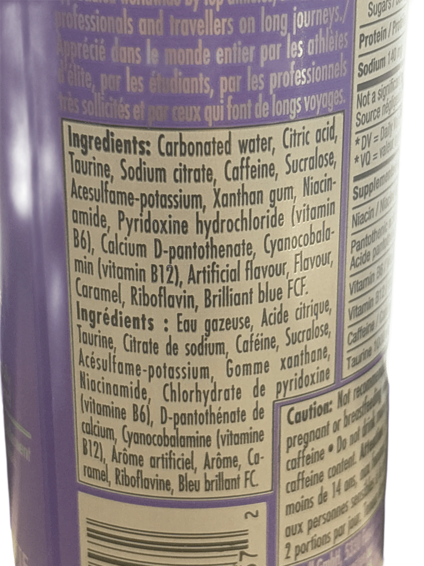 Close-up of a purple can showing ingredient label for a carbonated energy drink.