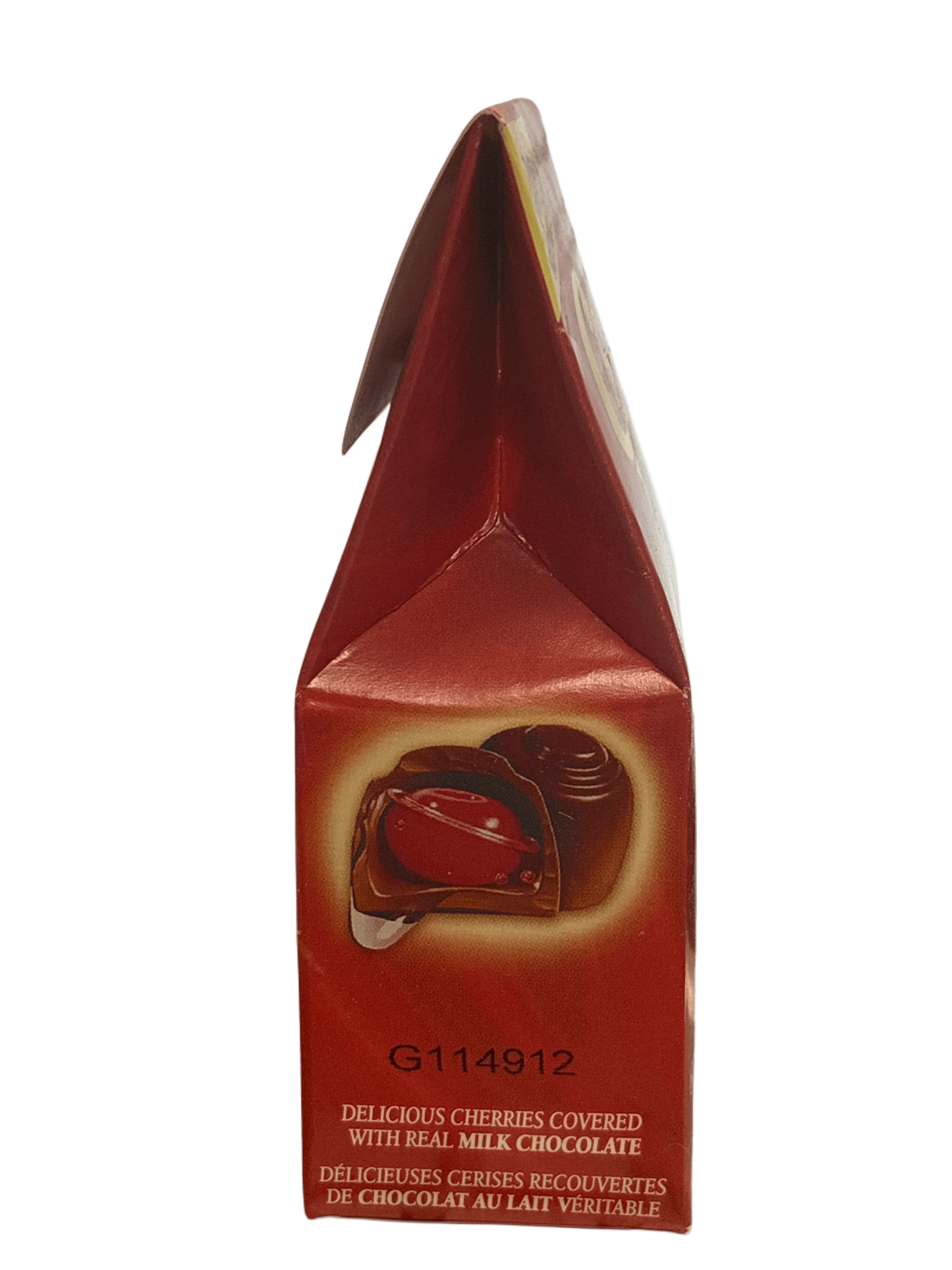 Red box of chocolate covered cherries with milk chocolate, product image front view