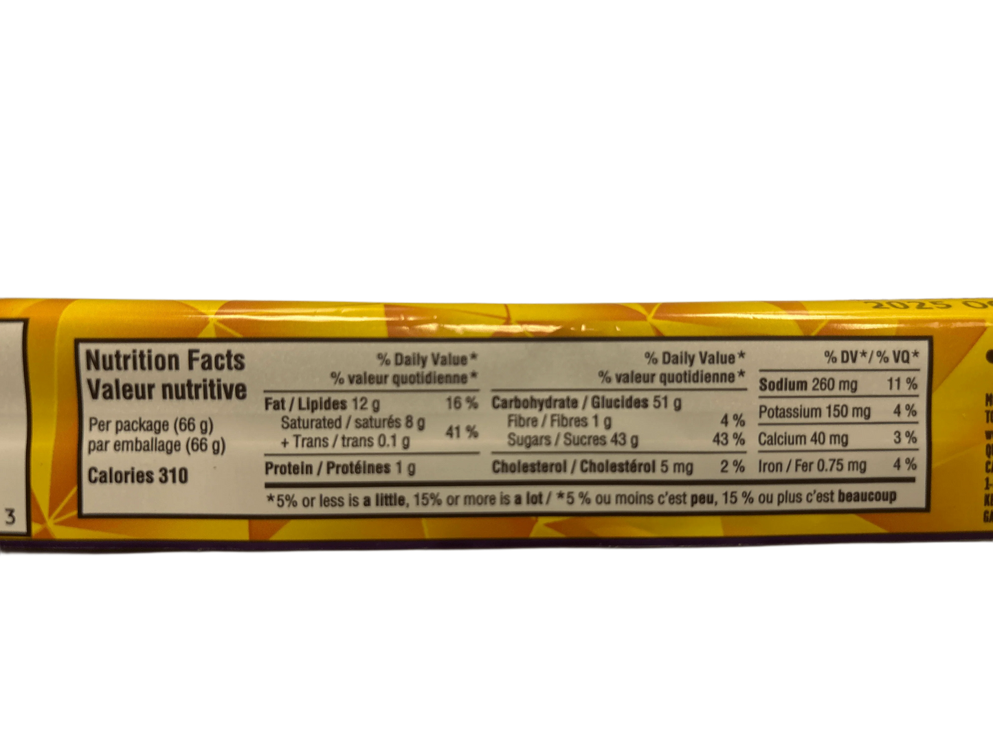 Closeup of candy nutrition label with calories, fat, carbs, sugar, and sodium content