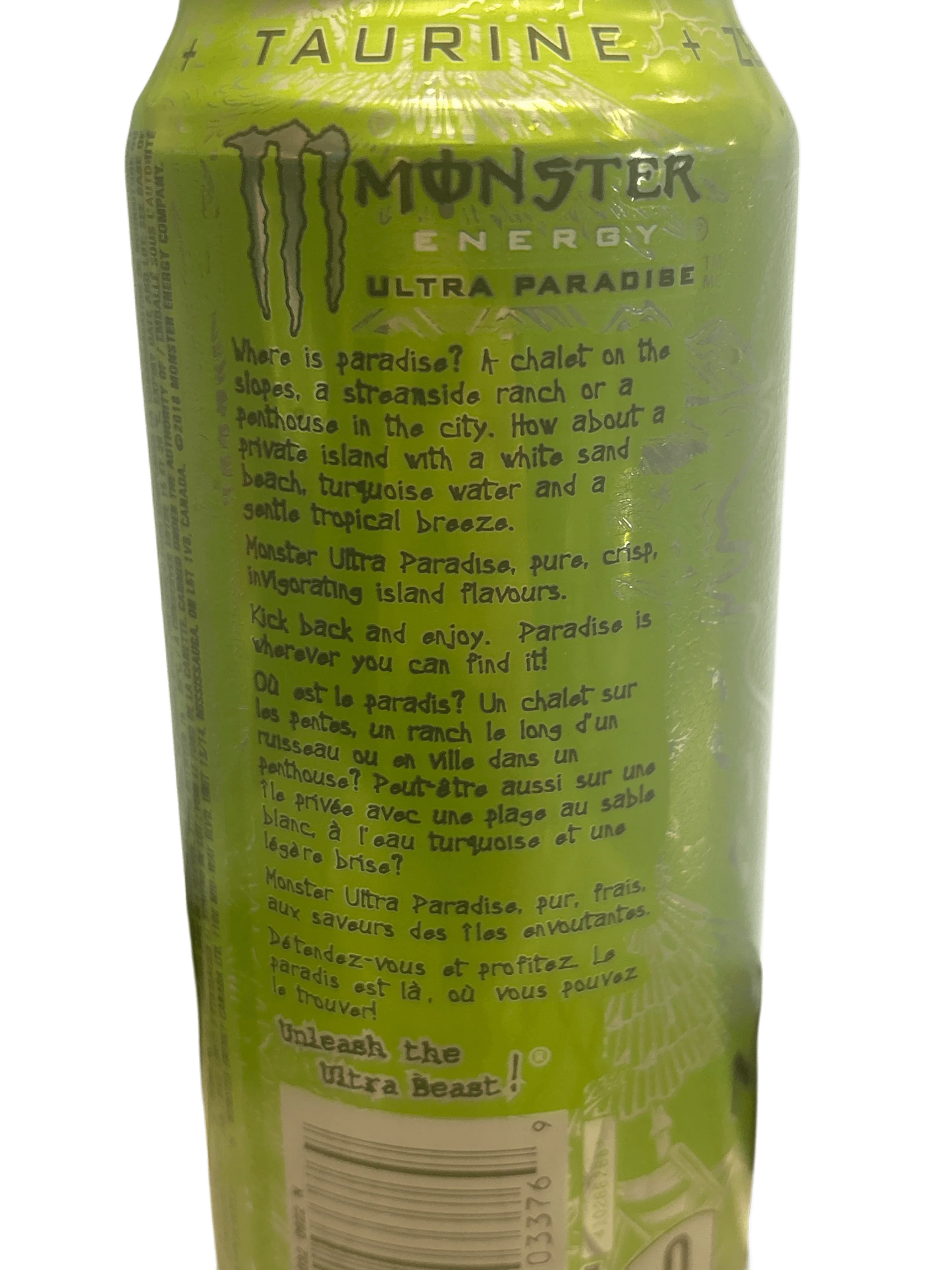 Monster Energy Ultra Paradise green can with tropical and island-themed text and logo