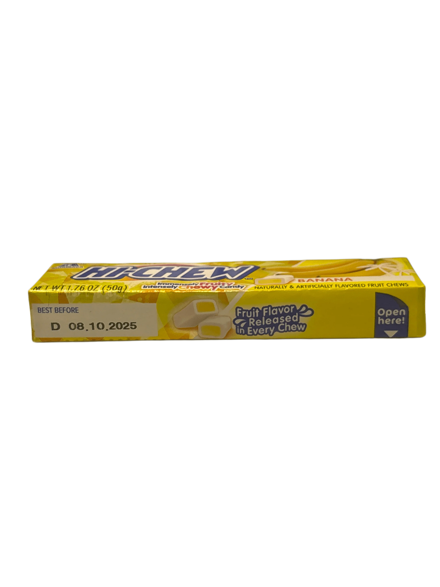 Banana Hi-Chew chewy candy stick, yellow packaging, international snack