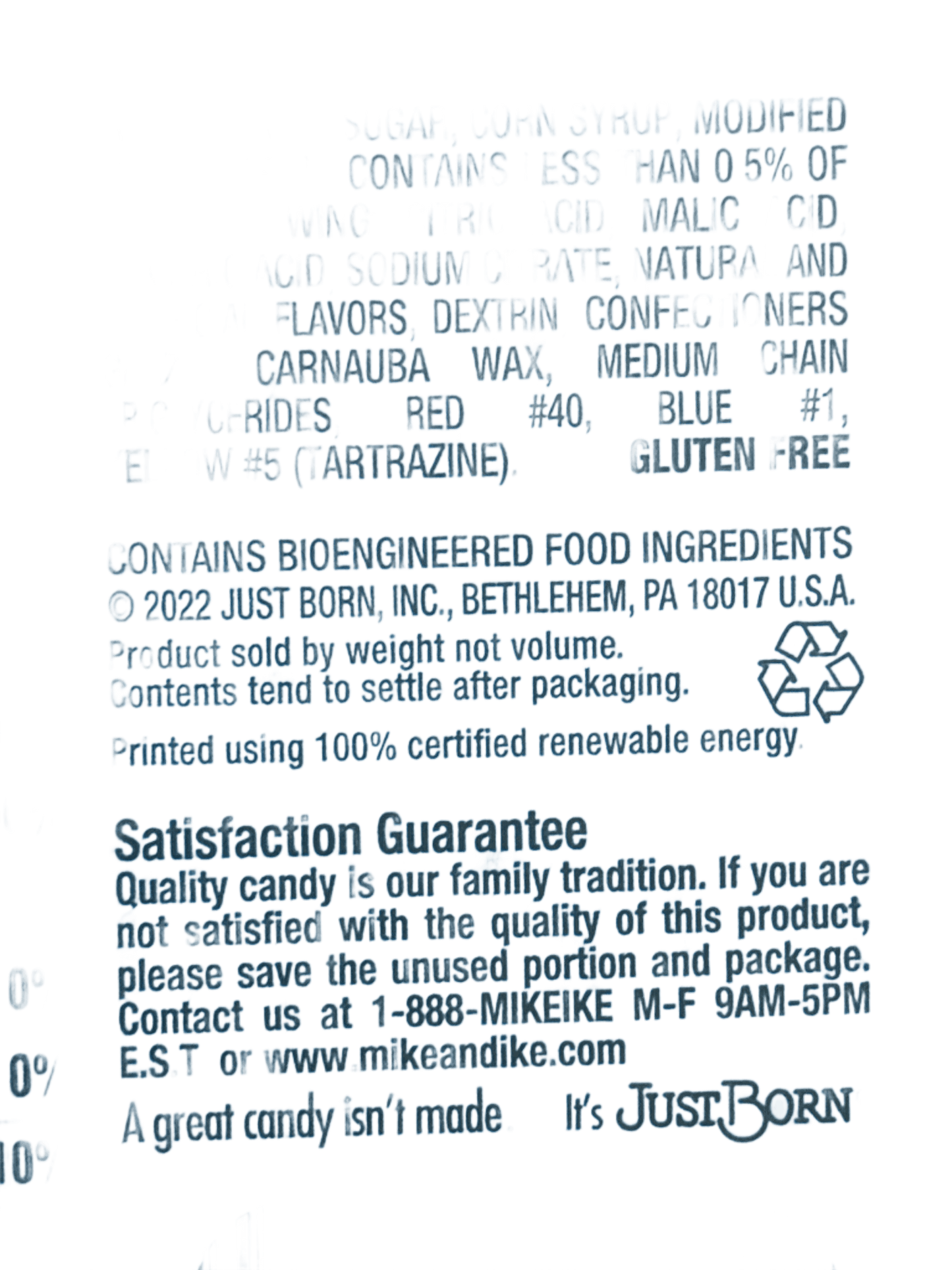 Close-up of candy ingredients and nutrition label, gluten free, bioengineered food information visible