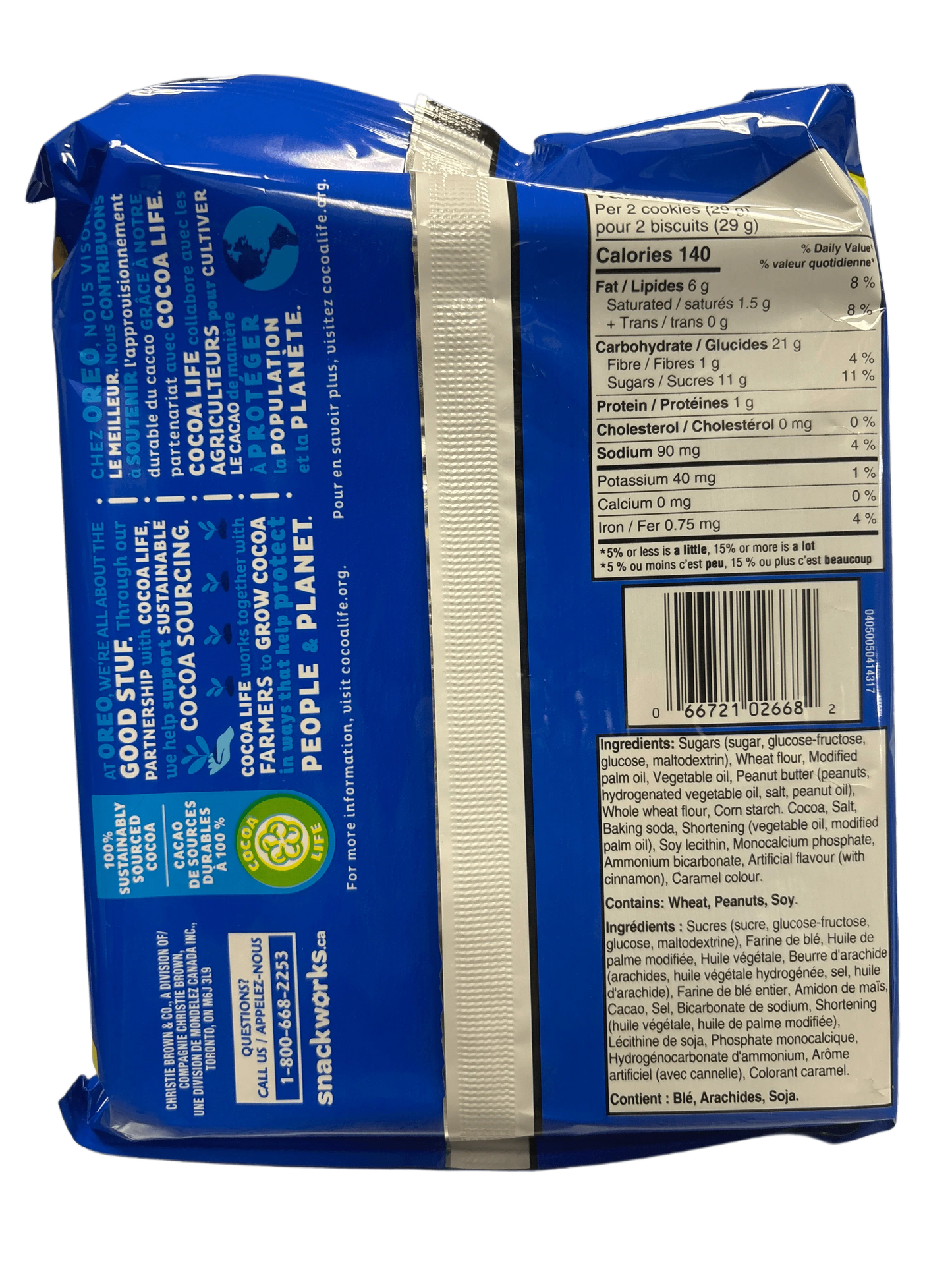Back of exotic snack package with nutrition facts, ingredients, and sustainable cocoa info