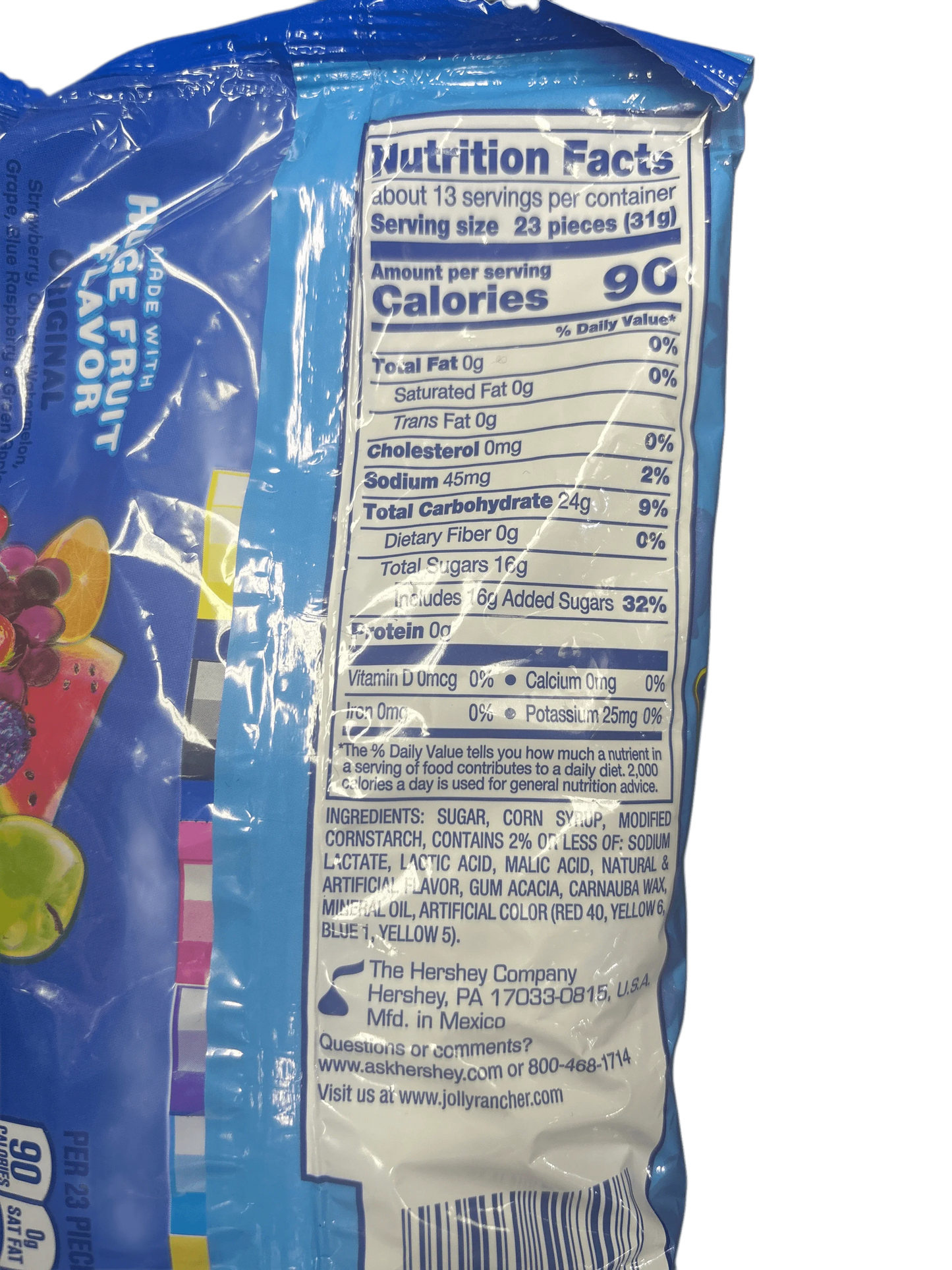 Jolly Rancher candy bag nutrition facts and ingredients label with fruit graphics