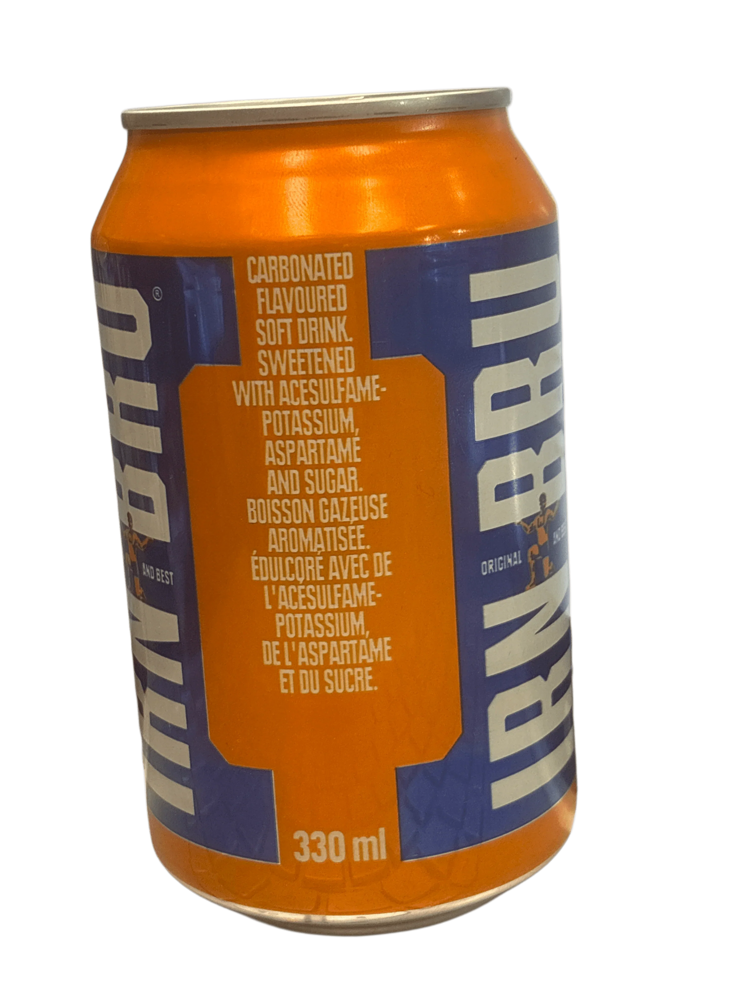 330ml can of IRN-BRU exotic imported soda with bright orange and blue design