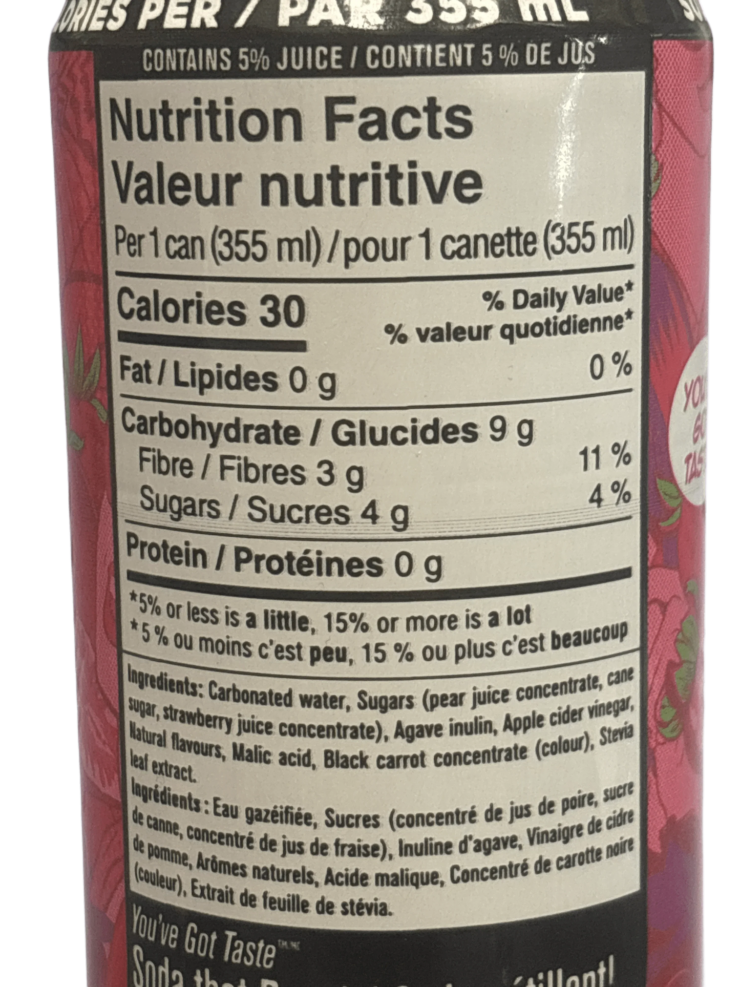 Close-up of exotic soda can nutrition facts and ingredients label, 355 ml size.