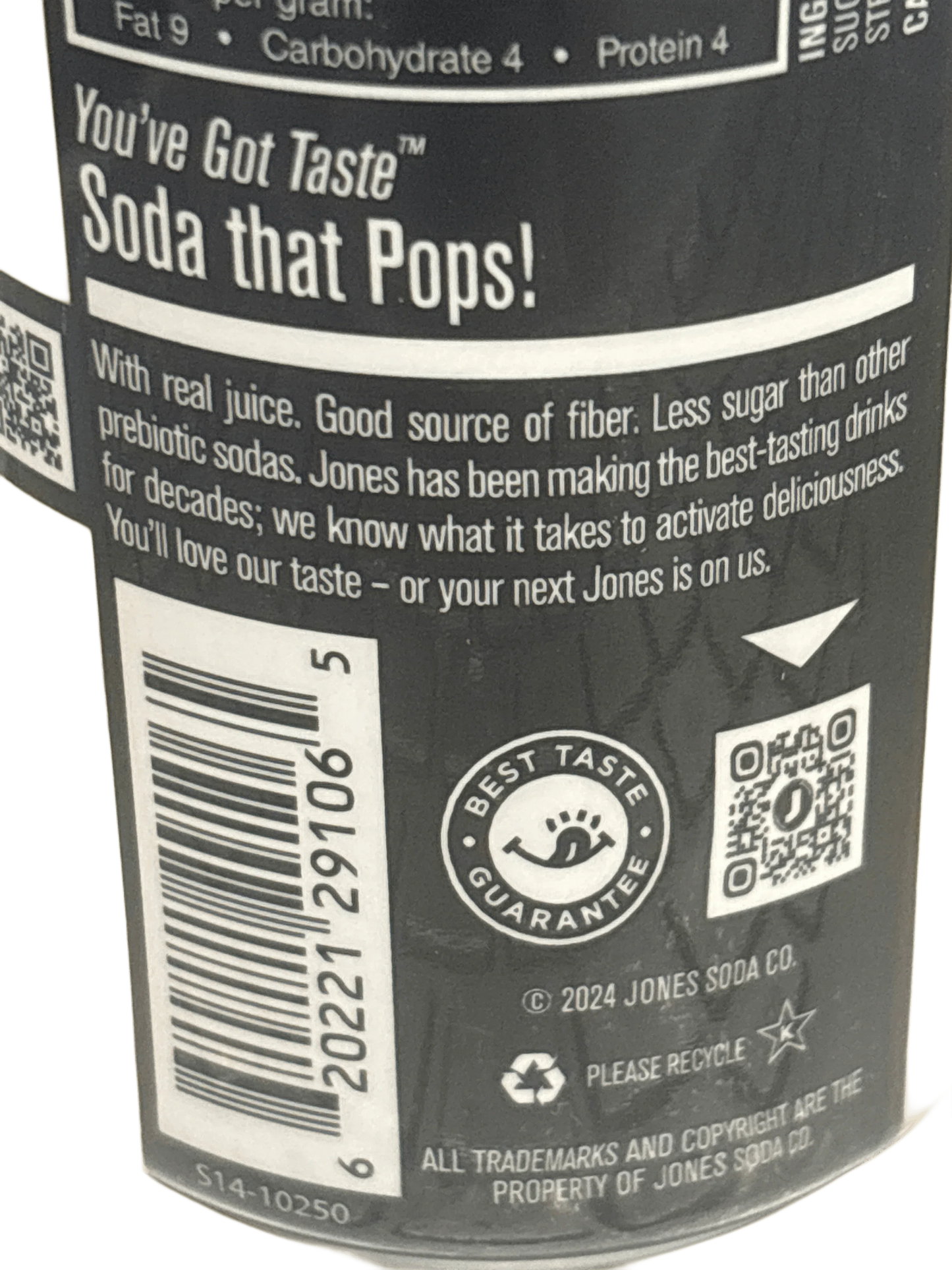 Jones Soda drink label with nutrition facts, barcode, QR code, and best taste guarantee badge