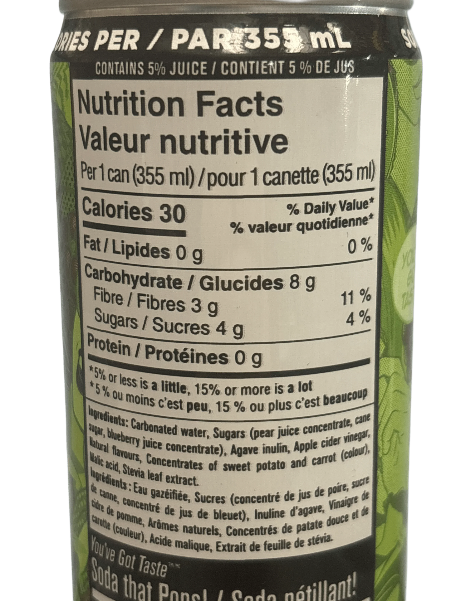 Close-up of nutrition facts and ingredients on an imported exotic drink can, 355ml size