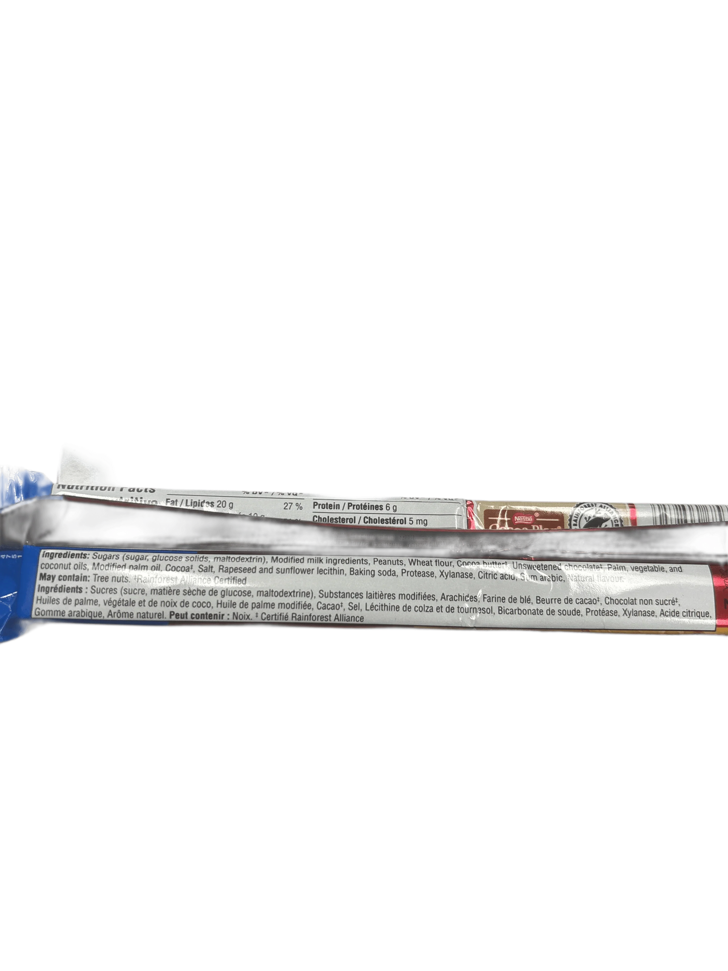 Close-up of exotic chocolate snack bar ingredients and nutrition facts label
