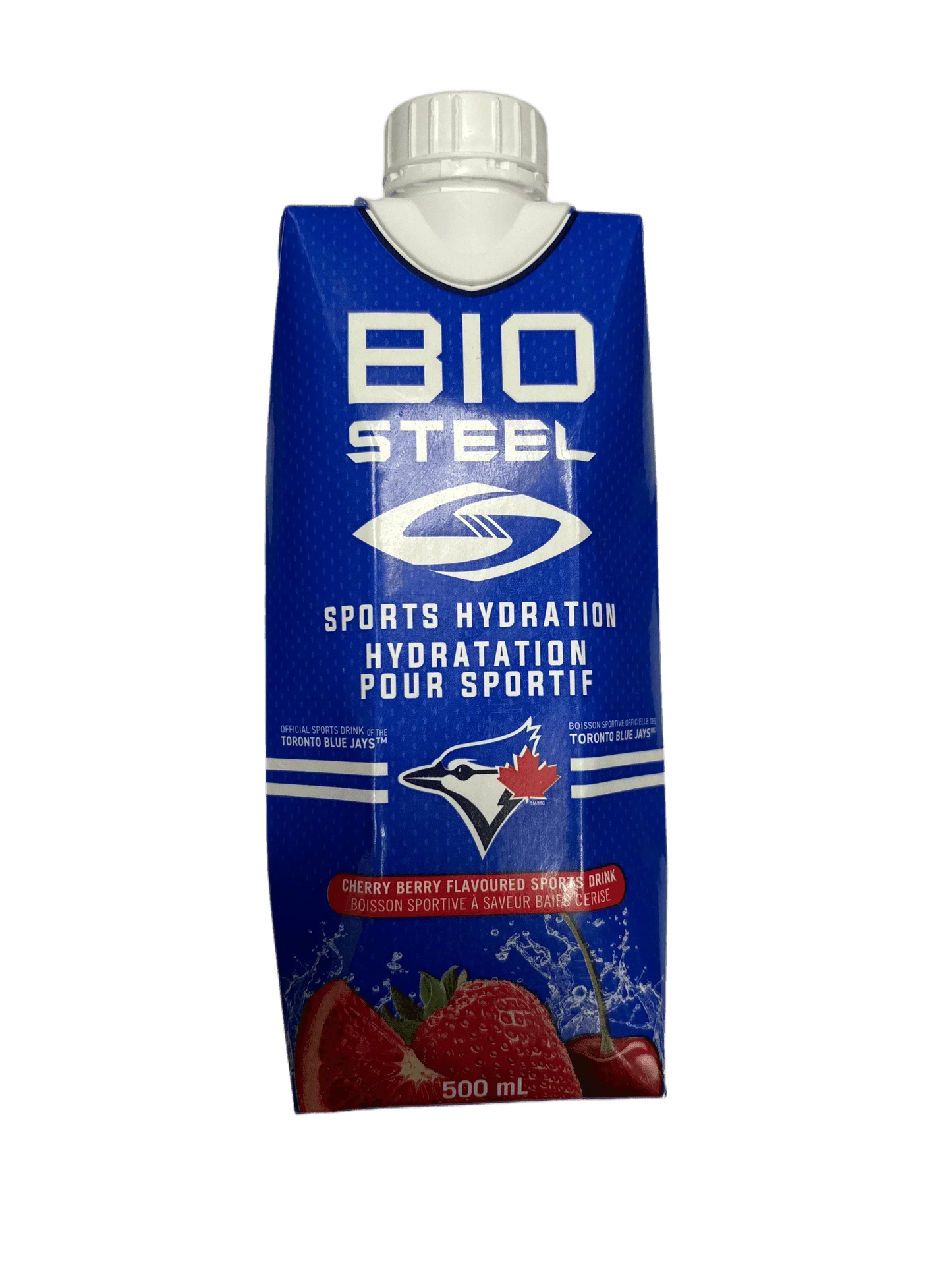 BioSteel cherry berry sports hydration drink 500ml carton with strawberries on blue background.