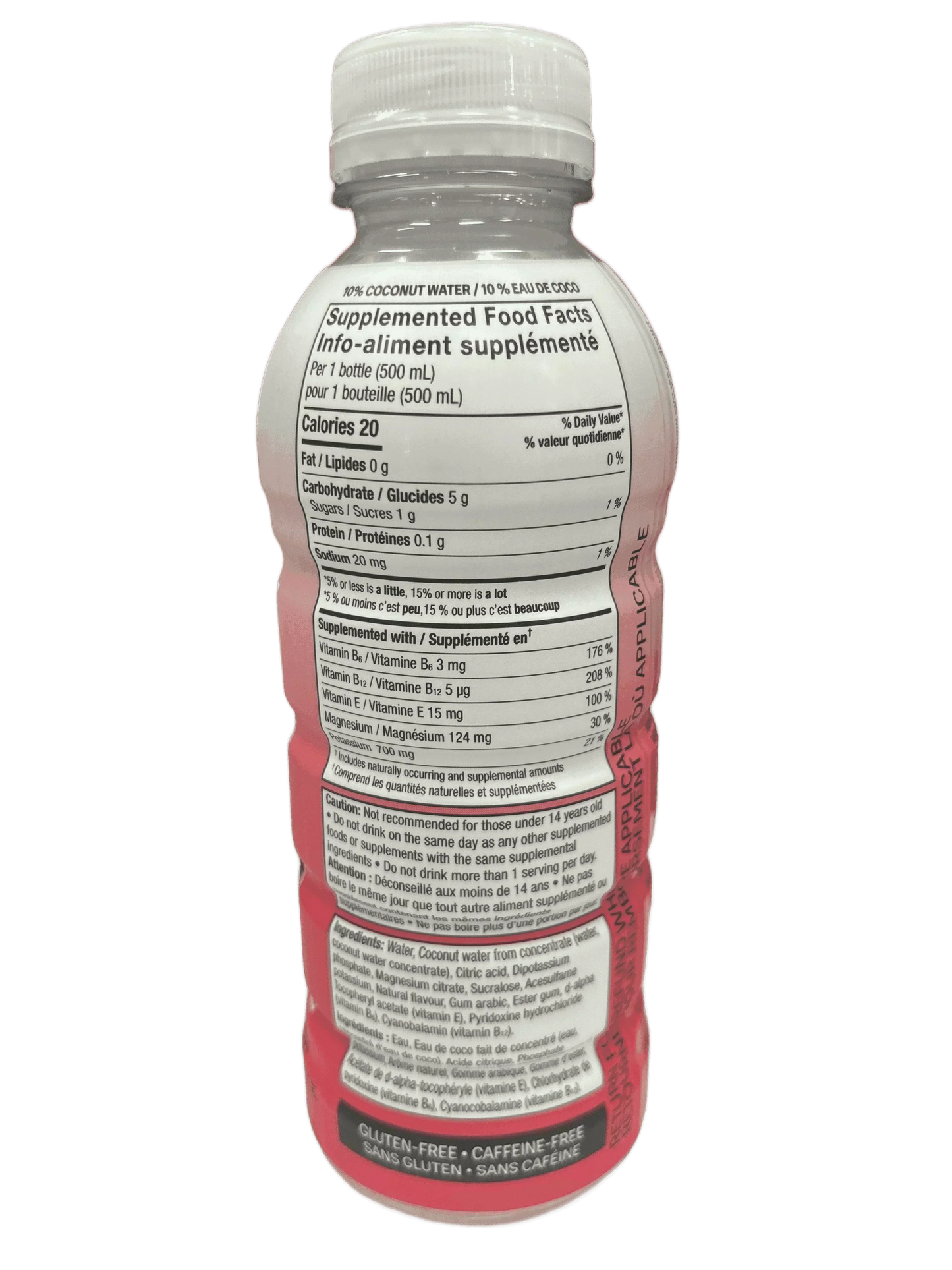 Back of exotic pink bottled drink showing nutrition facts and ingredients, gluten-free, caffeine-free