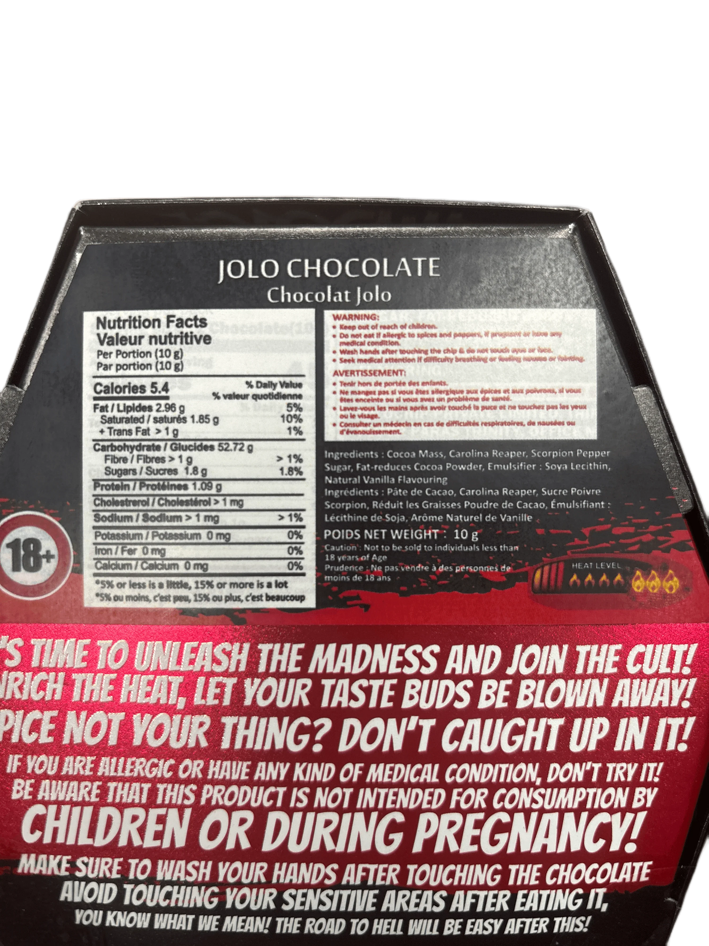 Jolo Chocolate packaging with ingredients, nutrition facts, spicy warning, and heat level indicator.