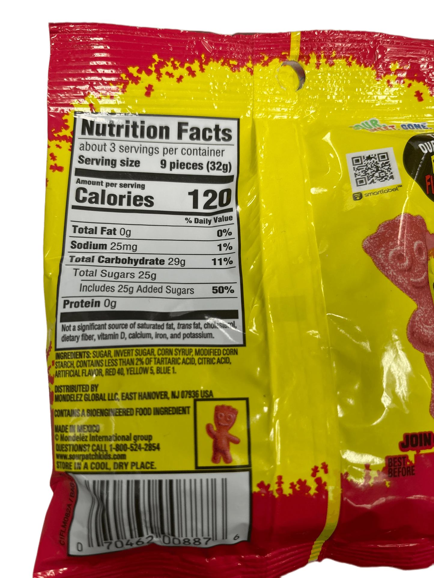 Back of exotic candy bag showing nutrition facts, ingredients, and colorful gummy illustration