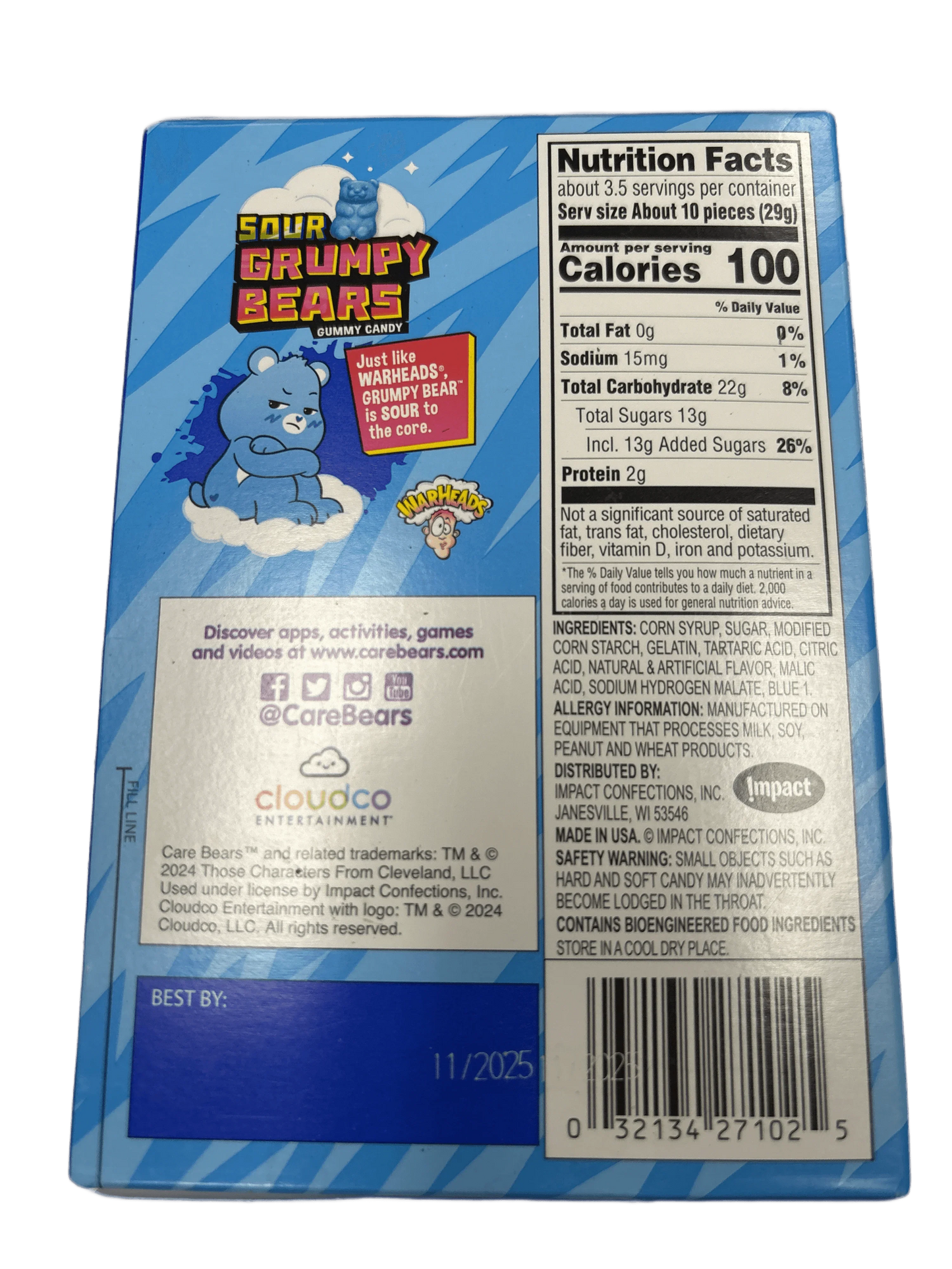 Back of Sour Grumpy Bears gummy candy box with cartoon bear, nutrition facts, and ingredients list