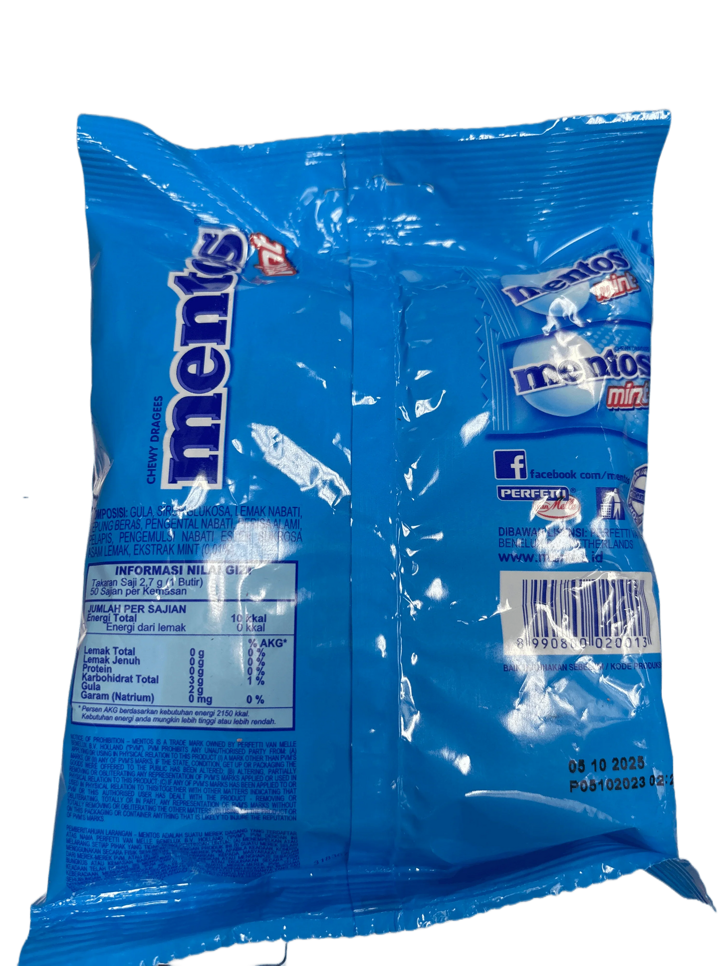 Back of Mentos mint chewy candy package with nutrition facts and barcode visible