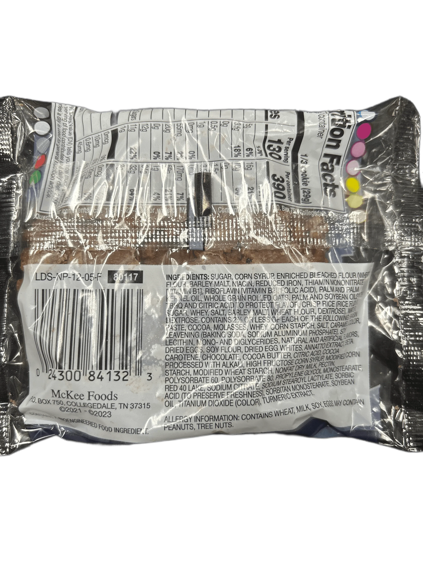 Packaged snack with nutrition facts and ingredients label, barcode, transparent wrapper