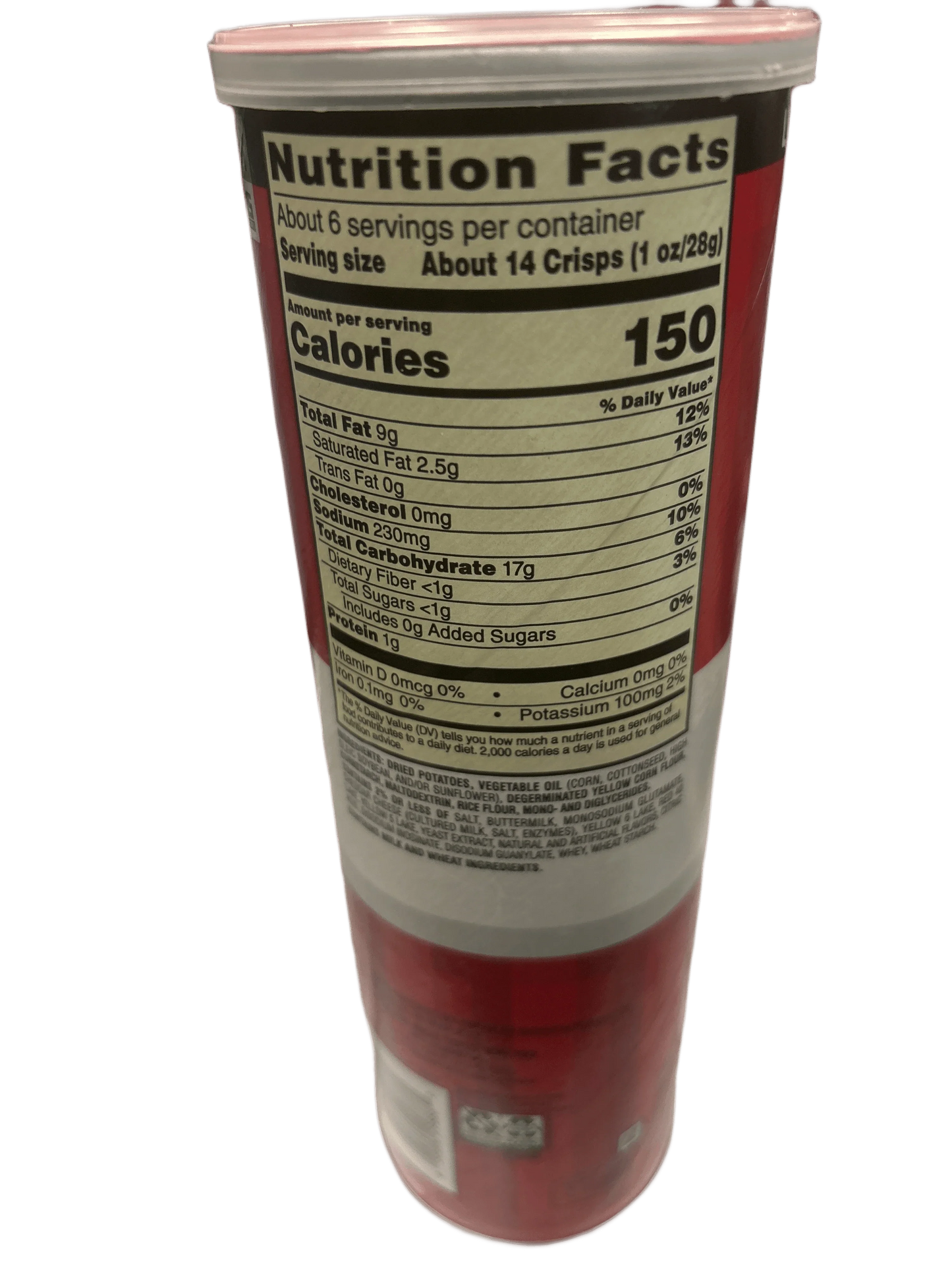 Red can of crisps with nutrition facts label, snack food nutritional information visible