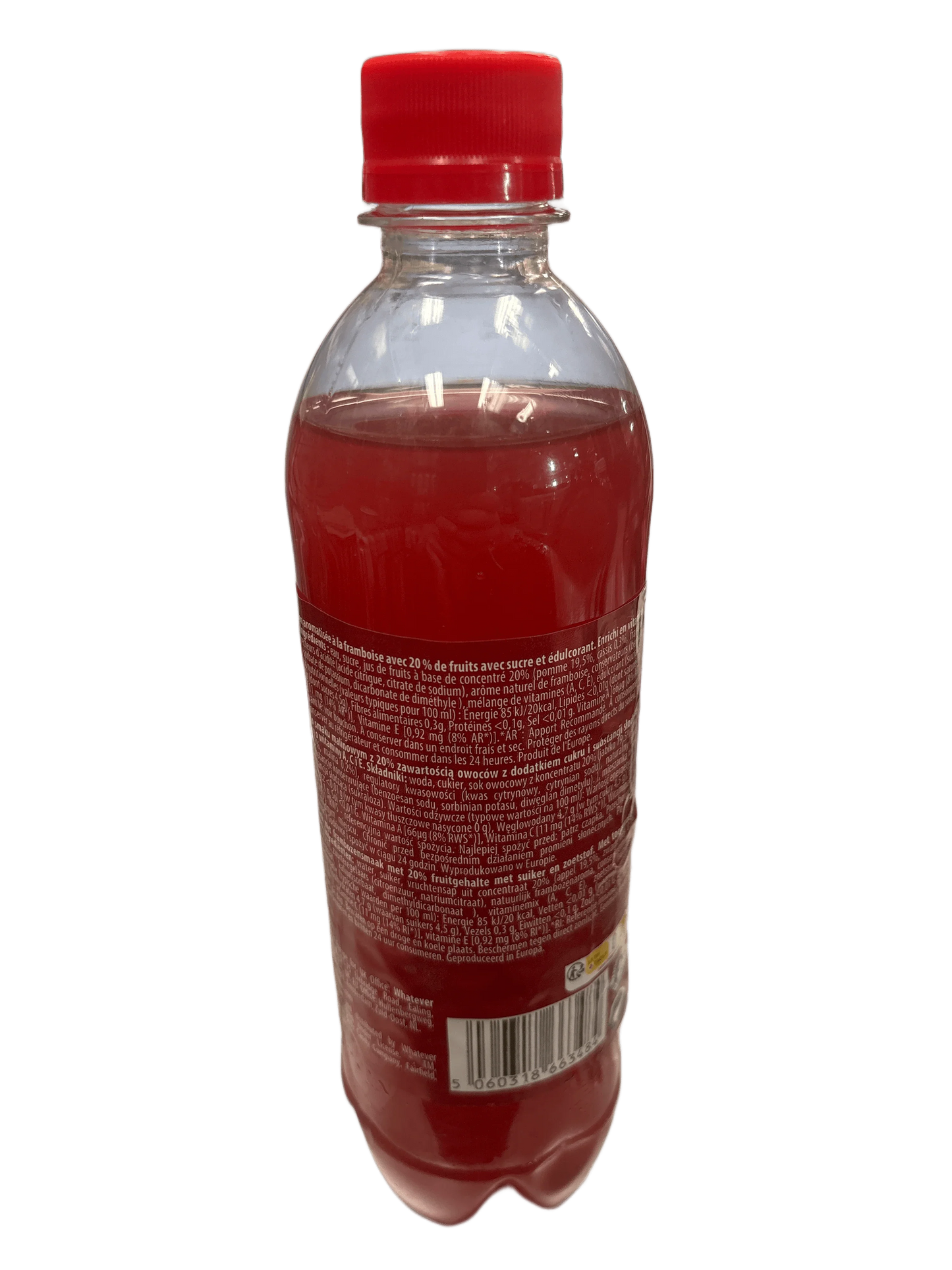 Red fruit-flavored exotic drink in a clear plastic bottle with red cap, imported snack beverage