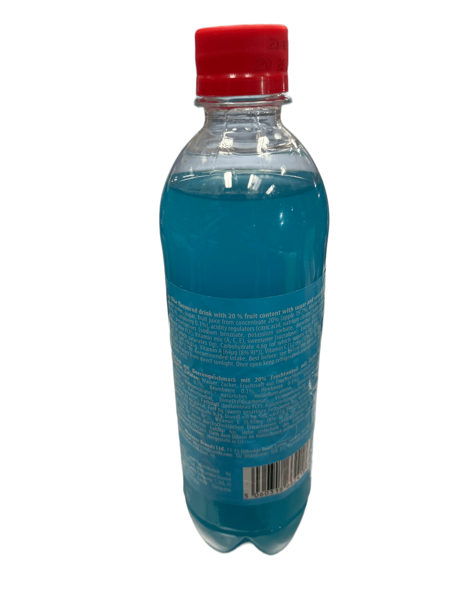 Blue exotic fruit drink in clear plastic bottle with red cap, imported snack beverage